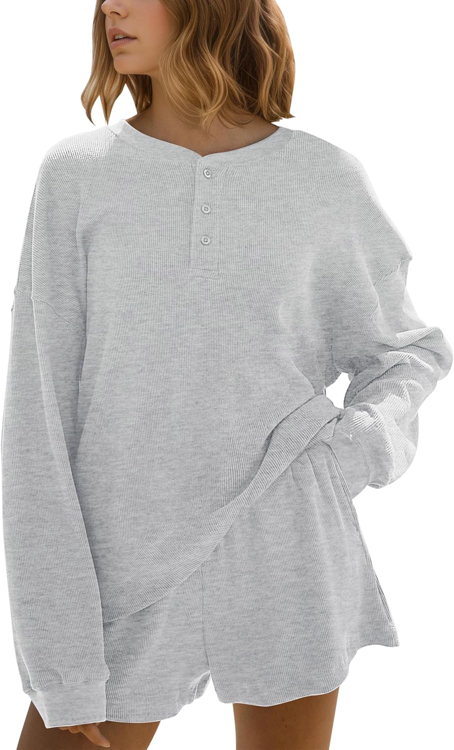 MISSACTIVER Waffle Knit Lounge Sets for Women Long Sleeve Oversized Sweatshirt Elastic Waist Shorts Fall 2 Piece Matching Set