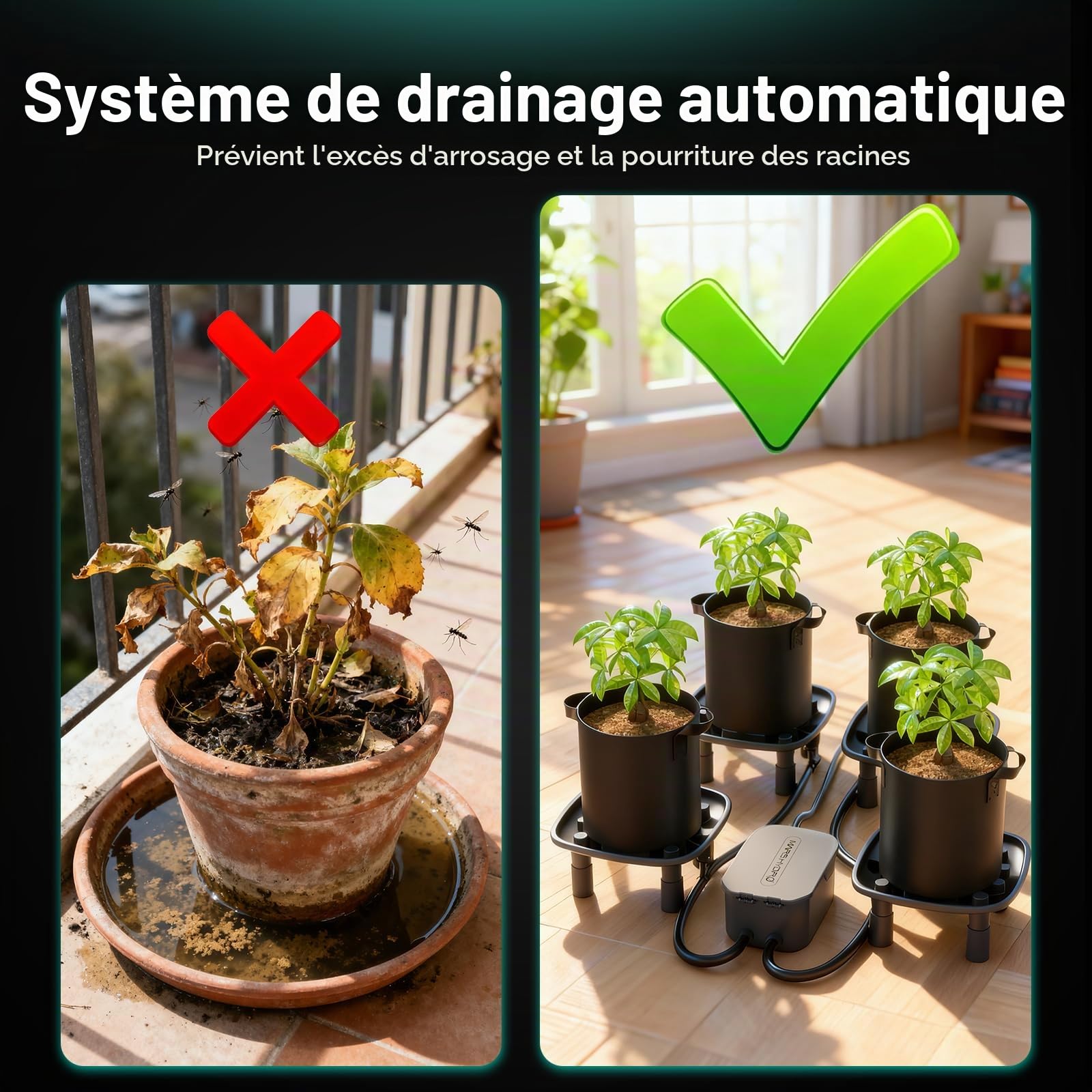 MARS HYDRO Système de drainage automatique - 4 bols + 1 pompe + 4 sacs de plantation (18,9 l) - Pour plantes en pot