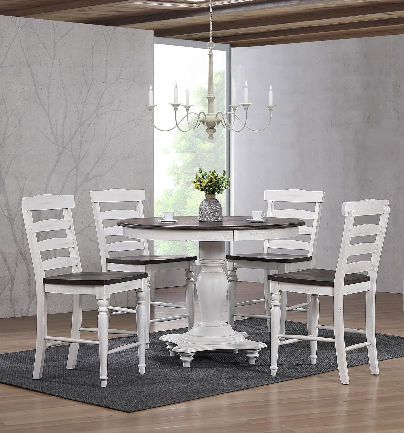 Sunset Trading French Chic Adjustable H Counter Height Pedestal Dining Set Bistro Cafe Kitchen Table, 48" Round 30”H or 36”H, Distressed Antique White and Walnut Brown