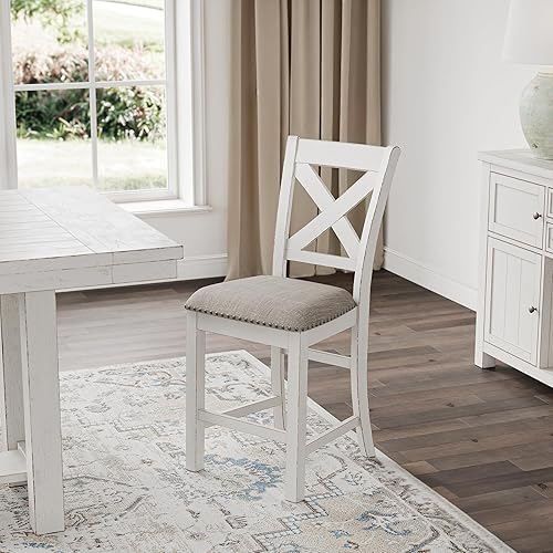 Miniatura 7 de Signature Design by Ashley Robbinsdale Farmhouse Taburete de bar tapizado, juego de 2, respaldo en X, ribete de cabeza de clavo, madera, 24.75