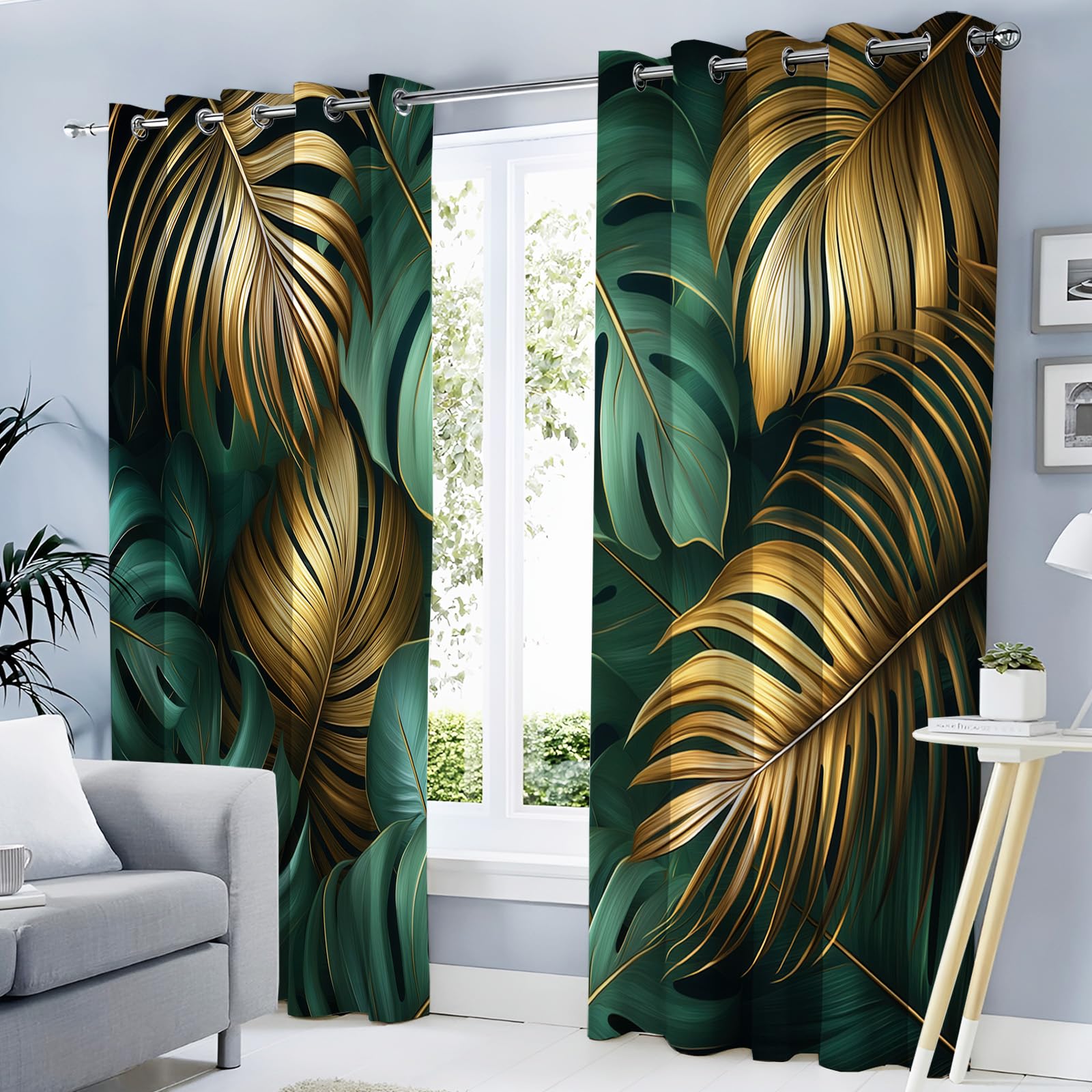 Rideau occultant feuilles de monstera vert doré 140x260 cm | Lot de 2 rideaux thermiques à oeillets