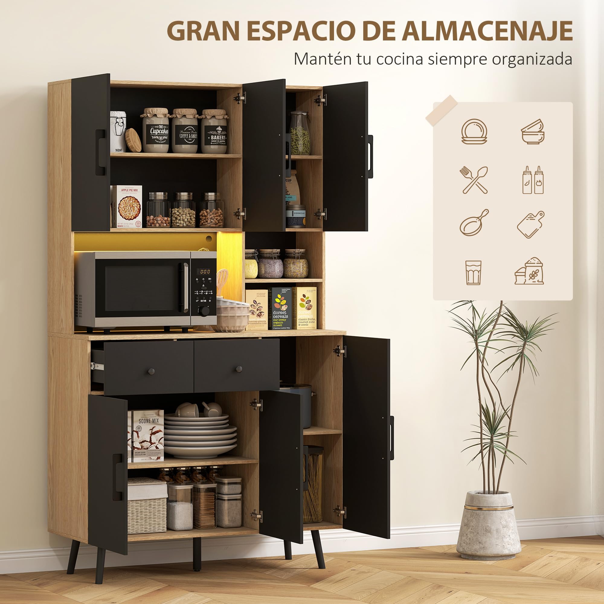 HOMCOM Meuble d'appoint de cuisine haut avec lumières LED RVB avec 6 portes, 2 tiroirs, plan de travail et trou pour câbles, style moderne noir et chêne 100 x 40 x 176 cm