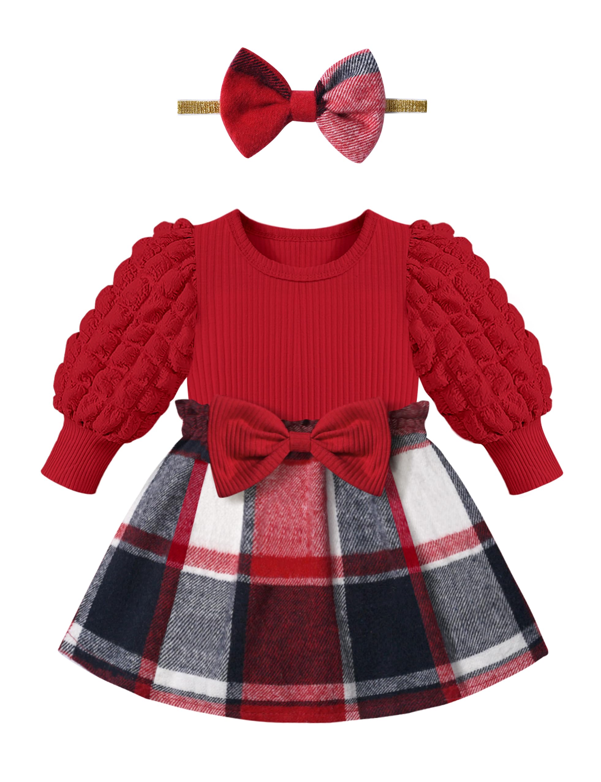 QaoerdeBaby Girl Dress Puff Sleeve Plaid Dress Ribbed Newborn Dress Clothes Fall Winter Outfits with Bowknot Headband
