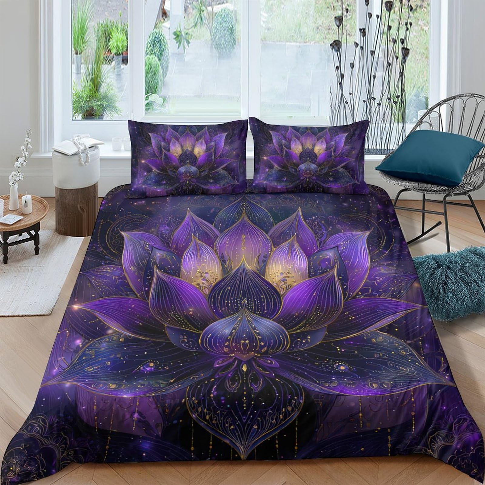 GPLZQXKJNH 3D Printed Purple Lotus Flower Duvet Cover Microfiber Soft Breathable Mandala Bedding Set with 2 Pillowcases for Bedroom Decor Single（135x200cm）