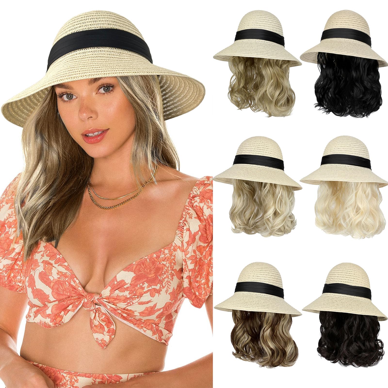 Lansigreen Sun Hat with Hair Extensions Hat Wig UPF 50+ Foldable Wide Brim Straw Beach Hat Attached 9" Wavy Hairpiece Synthetic for Women Summer Ash