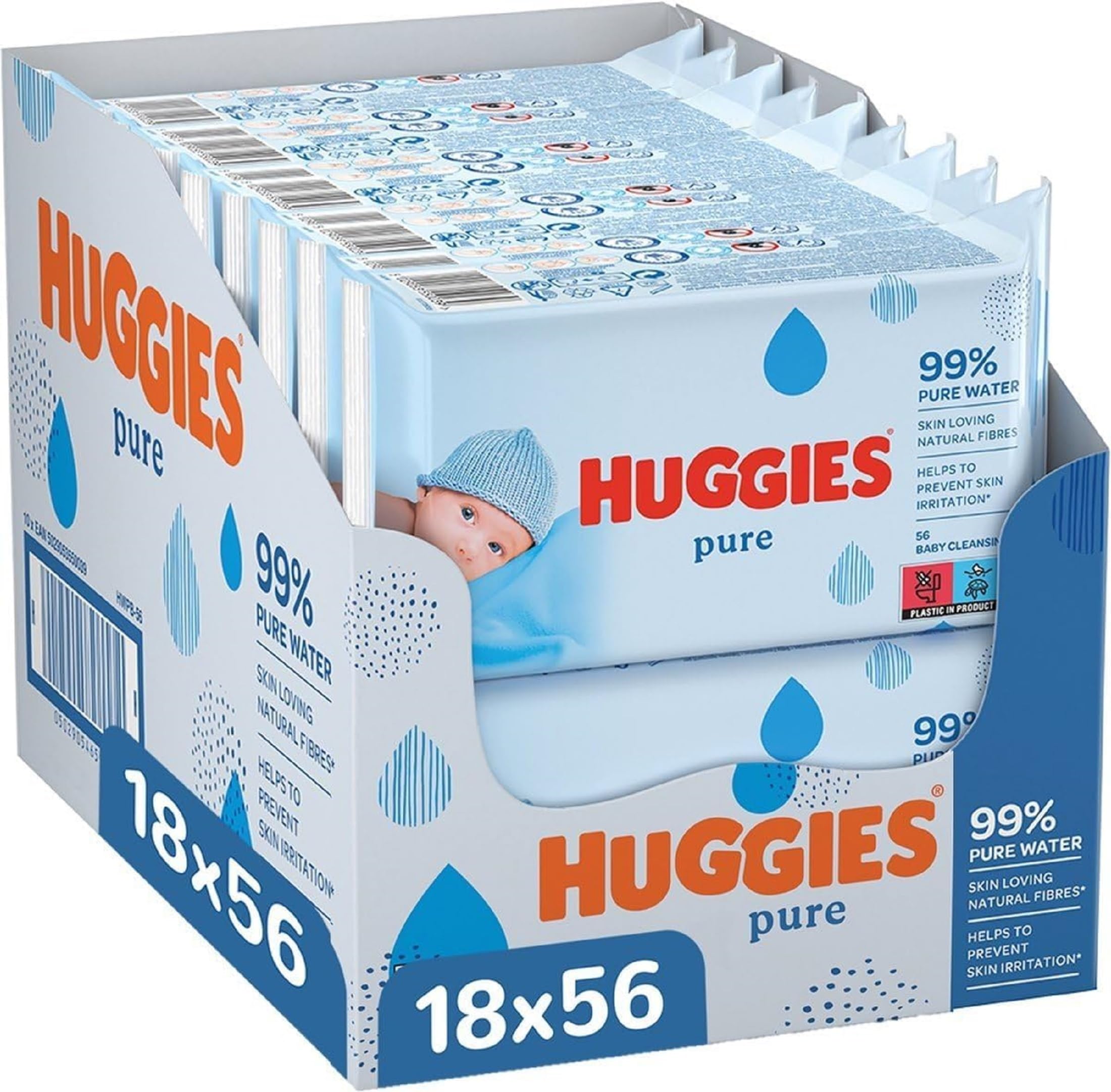 Huggies Pure Toallitas para Bebé, 99% Agua Pura, 18 Packs de 56, Total 1008 Toallitas