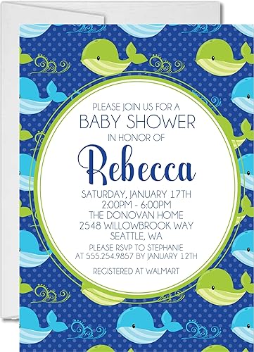 Miniatura 1 de Boys Nautical Whale Baby Shower Invitations With Envelopes, Blue And Lime Whale Baby Shower Invitations For Boys