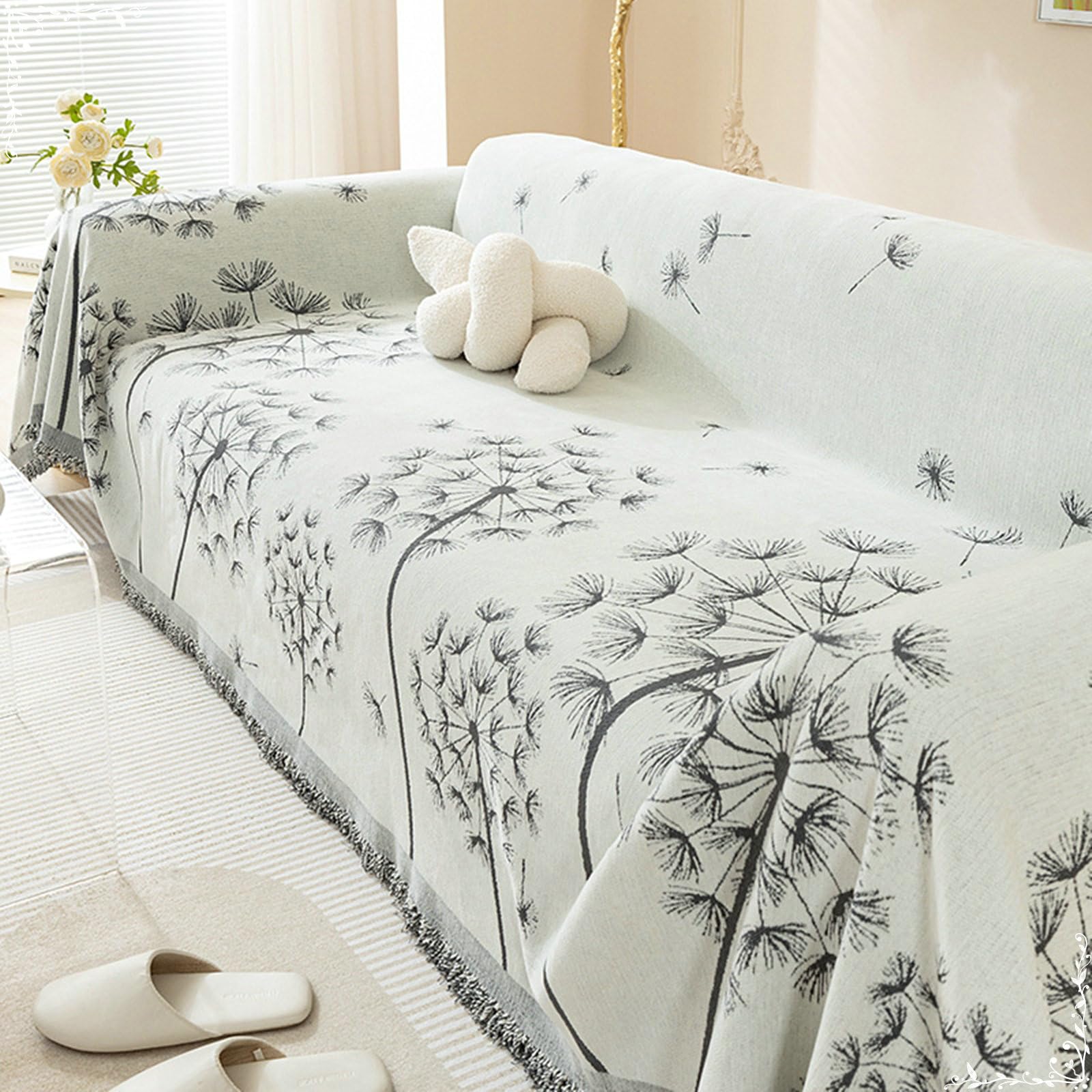 KnSam Copridivano, copripoltrona con dente di leone, con nappa, antiscivolo, lavabile, per divano e soggiorno, 180 x 380 cm, colore: nero