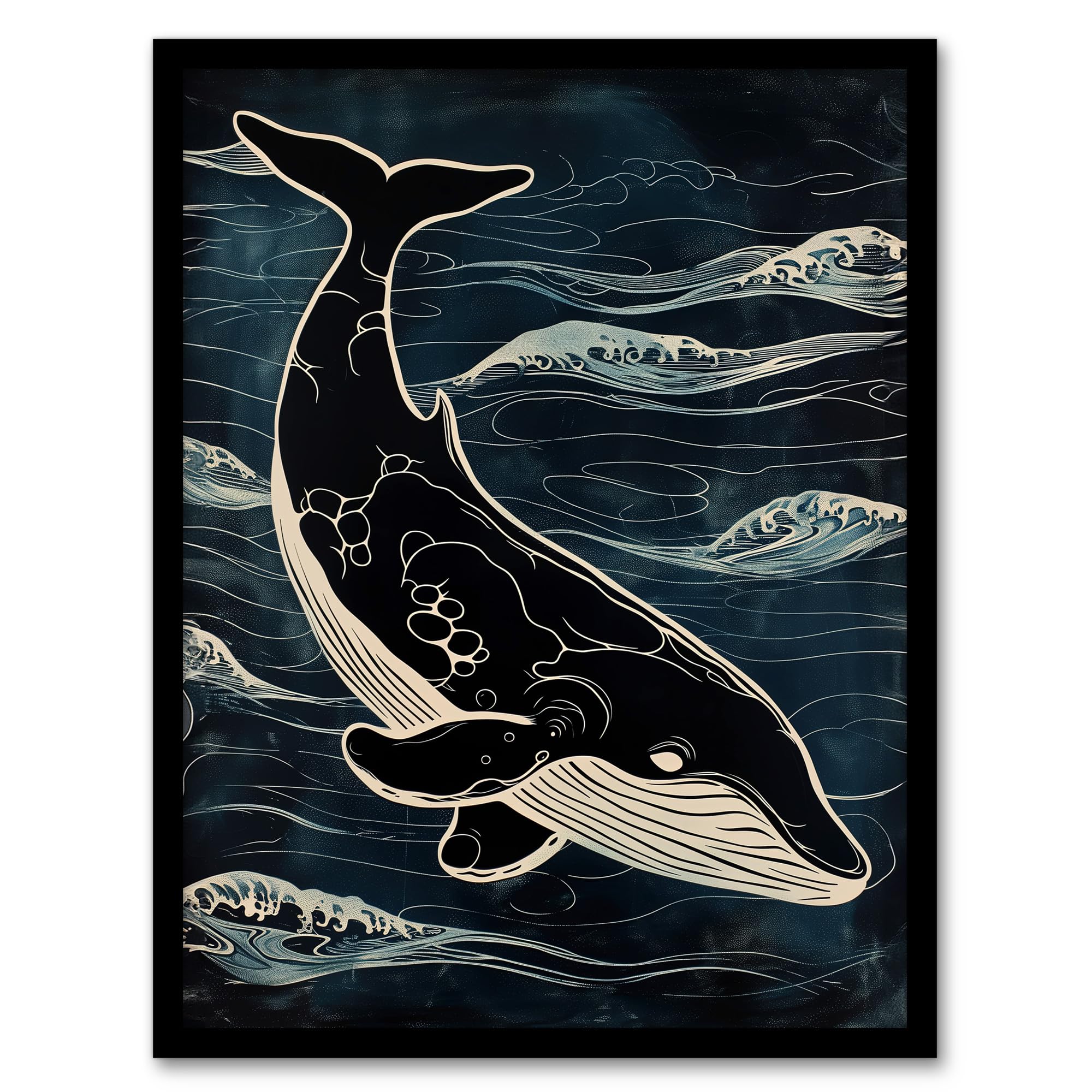 Artery8 Whale and Ocean Waves Pattern Woodcut Painting For Living Room Artwork Framed Wall Art Print 18X24 Inch