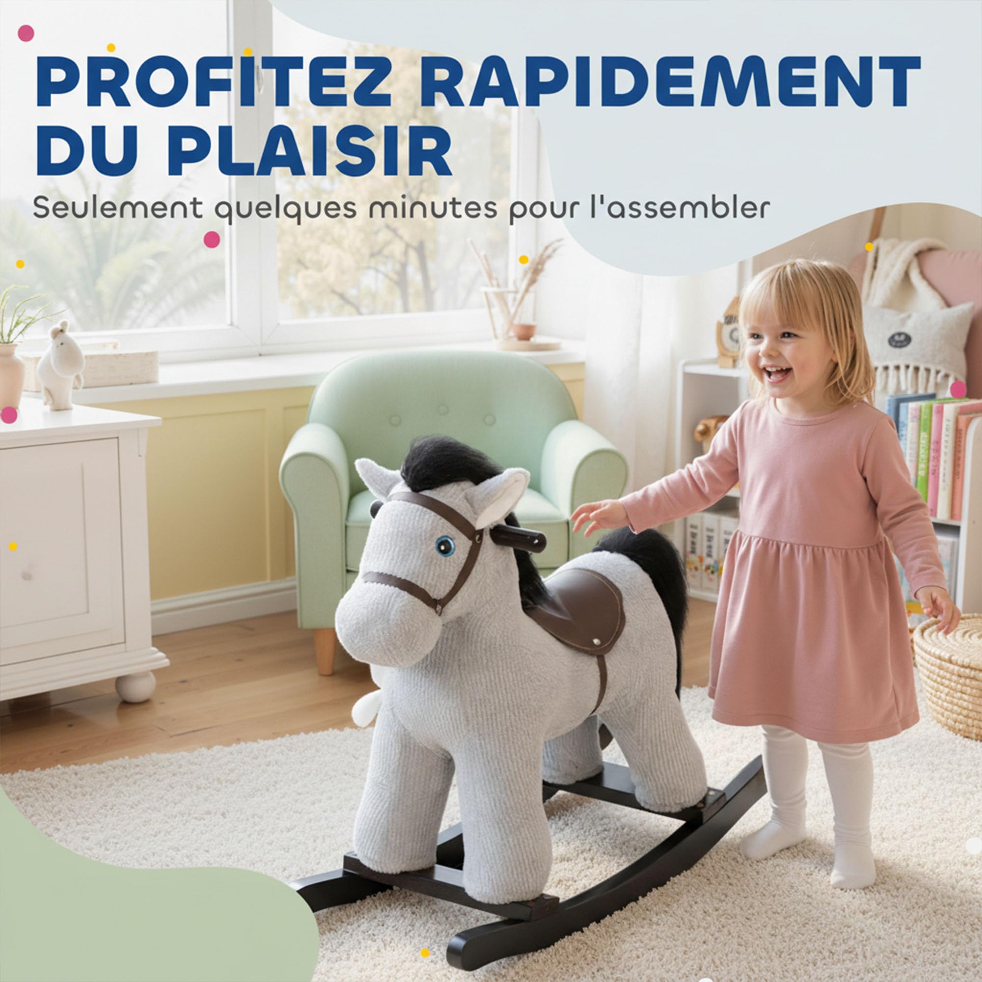 AIYAPLAY - Caballo mecedor para niños con efecto de sonido, juguete para bebé de peluche, muñeca y asa, regalo para niñas y niños de 2 a 5 años, color gris