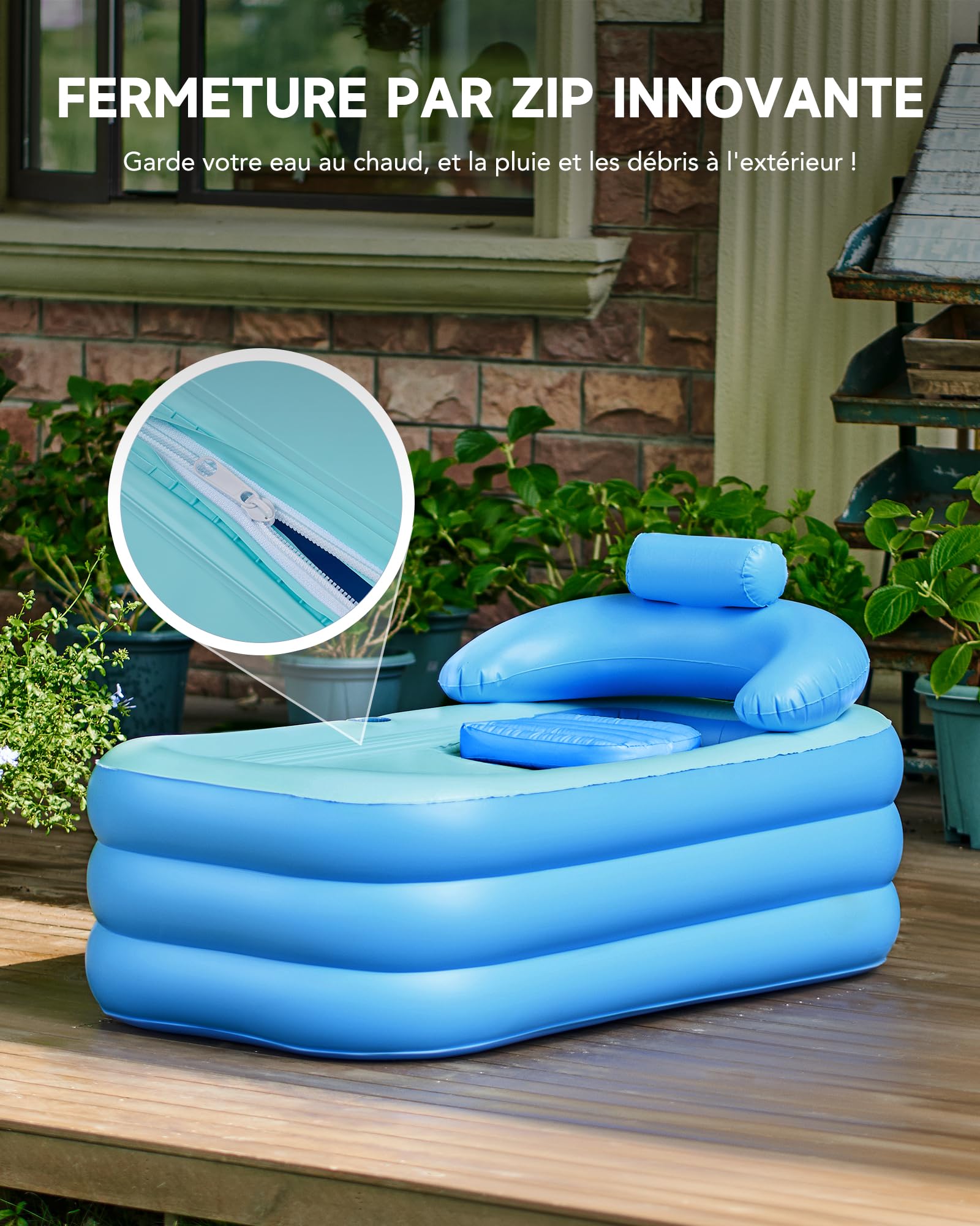 CO-Z Baignoire Gonflable Pliable Portable pour Adultes en PVC, 160x84cm Capacité 220kg, avec Couvercle Détachable Porte-Gobelet Pompe à Pied