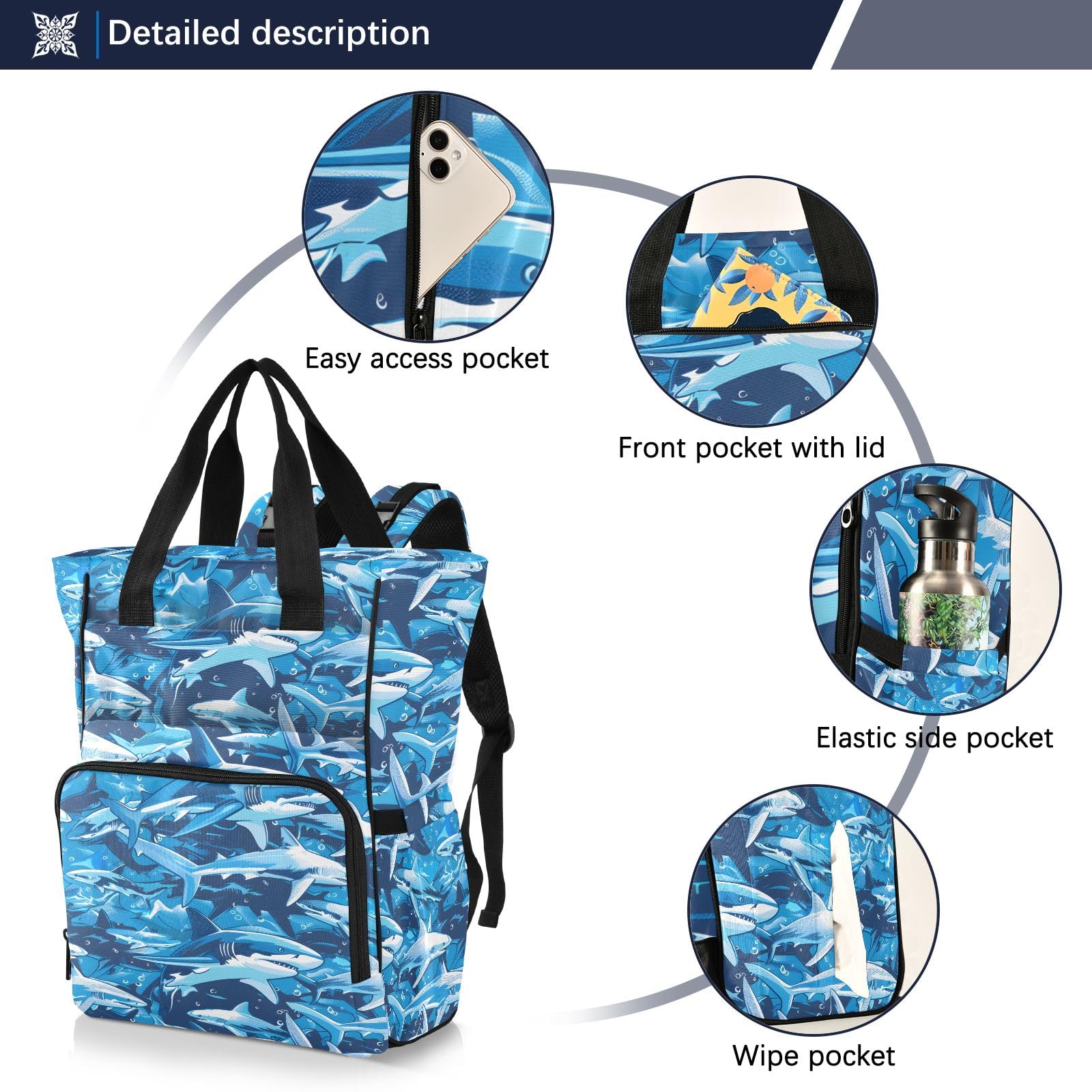 Mnsruu Una scuola di squali subacquei borsa per pannolini per bambini zaino grande borsa impermeabile da viaggio borse per pannolini per mamme e papà