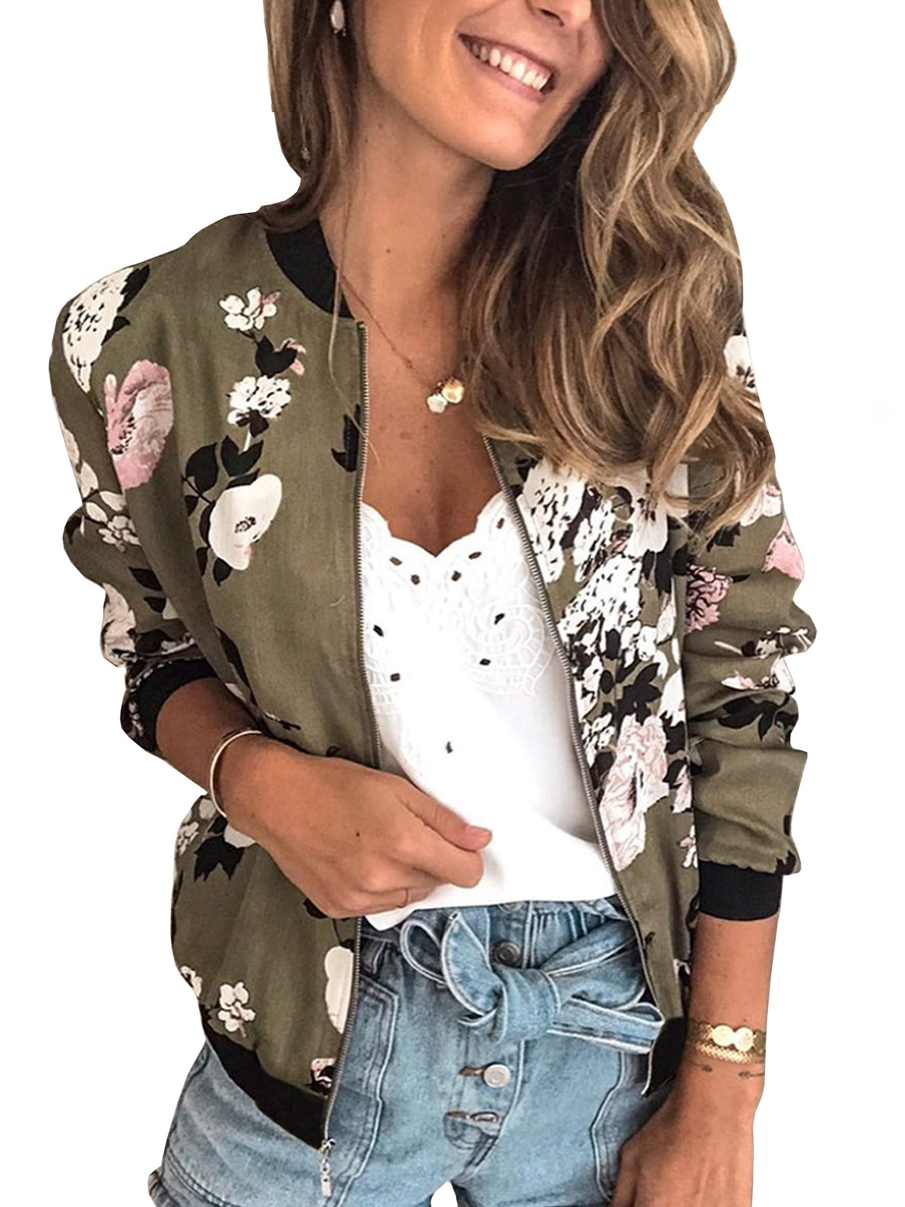 Women's Casual Floral Zip Up Bomber Jacket Coat Lightweight Short Camo No Lining Outwear Tops Windbreaker with Pocket
