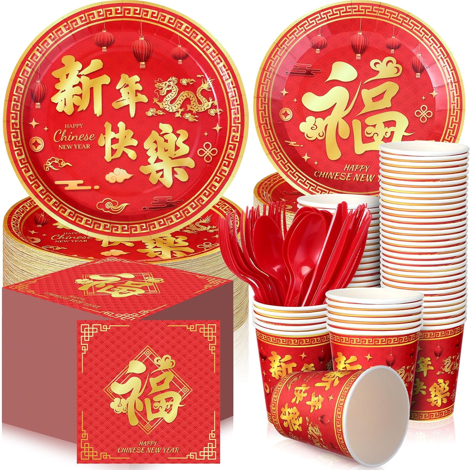 Domensi 180 Pcs Chinese New Year Party Supplies 2026 Plates Napkins Cups Serve 30 Happy New Year Party Disposable Paper Dinner Dessert Plates Lunar Years Paper Napkins Cups Plastic Cutlery Set(Bright)