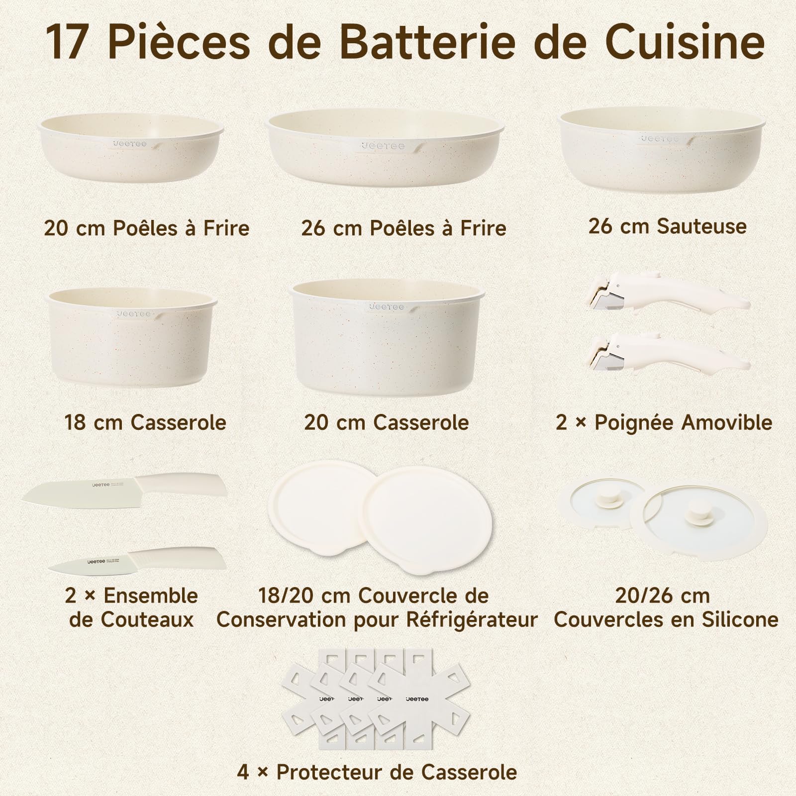JEETEE Batterie de Cuisine Induction 17 PCS Poignée Amovible Antiadhésive | Lot Casserole et Poele Tout Feux & Four pour Camping-Car, RV, Studio, Cuisine Compacte. Revêtement Antiadhésif Sans PFOA