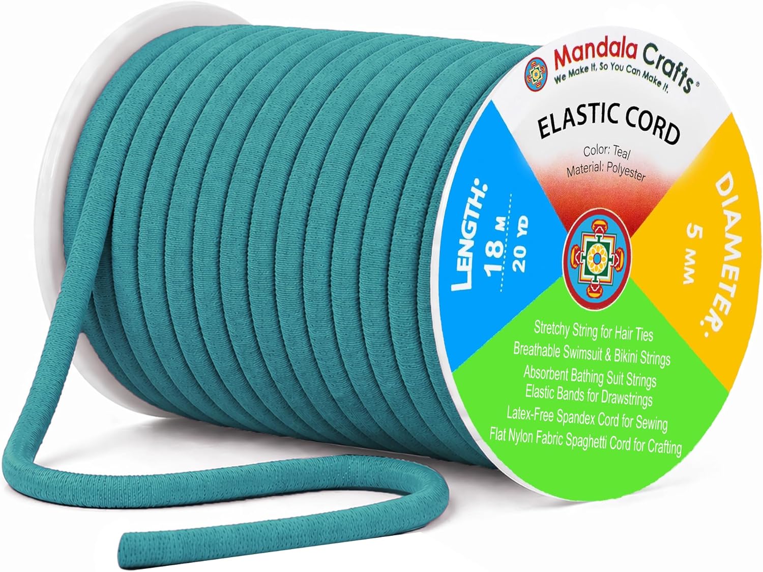 Mandala Crafts Teal Soft Elastic Cord – 20 Yards 5mm Flat Nylon Fabric Spandex Stretchy String Cords for Bikini, Bathing Suit String, Hair Ties, and Drawstring Sewing