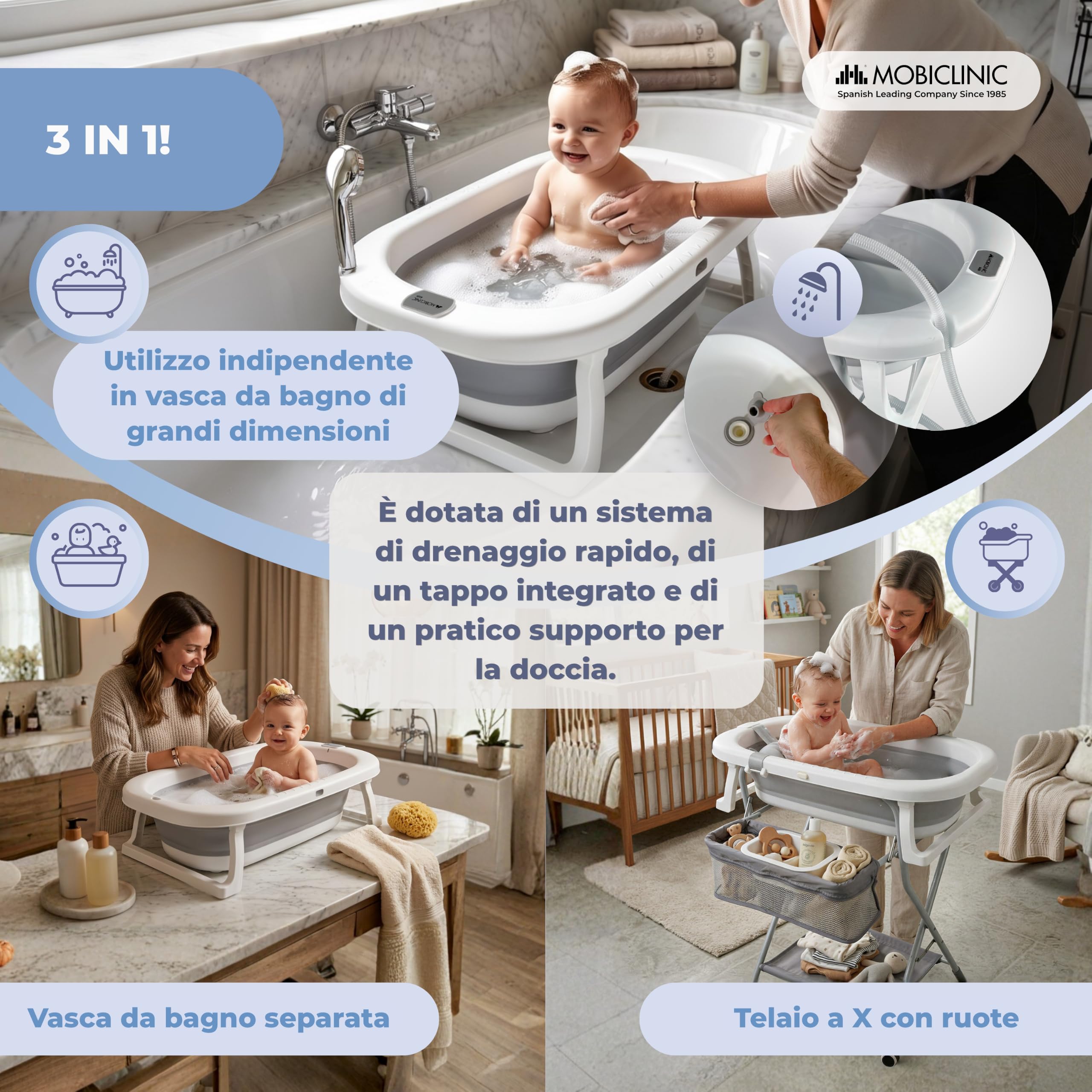 Mobiclinic®, Vaschetta Bagnetto Neonato, con Gambe e Supporto, Altezza Regolabile, Ruote a 360° con Freno, Cuscino Ergonomico, Tubo di Scarico, Cestino e Vassoio, Compatta, Bubba Max