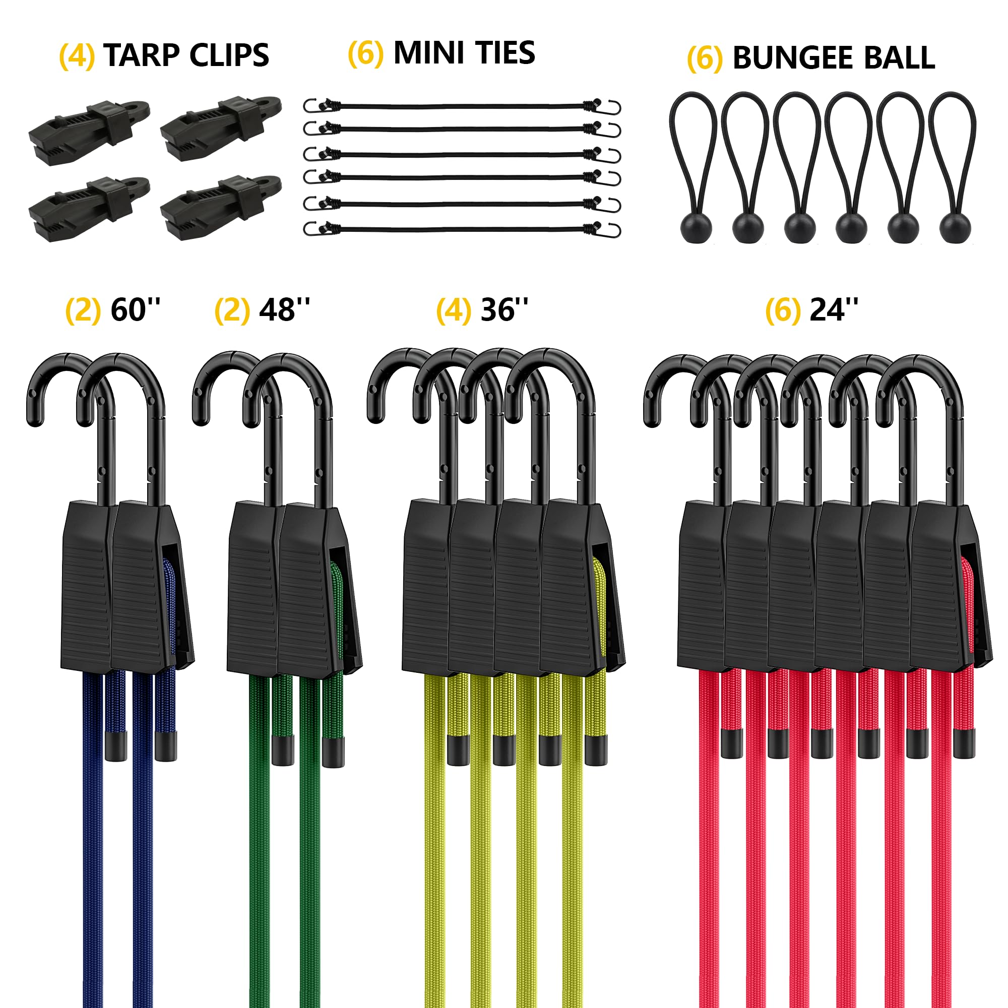 Rugtol Bungee Cords with Hooks, Upgrade 30pcs Assortment Outdoor with 60 90 120 150 cm Adjustable Bungee Cords - Image 2