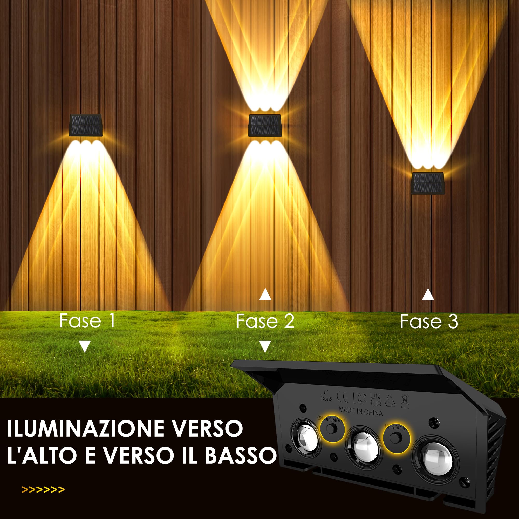 Lampade Solari da Esterno Alto e Basso Luce Solare LED Esterno Bianco Caldo Applique da Esterno Solare Impermeabilità IP67 6 Pezzi per Giardino Recinzione Muro