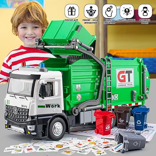 Miniatura 6 de Camión de basura de juguete para niños, camión de basura grande de 12 pulgadas con luces y sonidos, camión de reciclaje de gestión de residuos