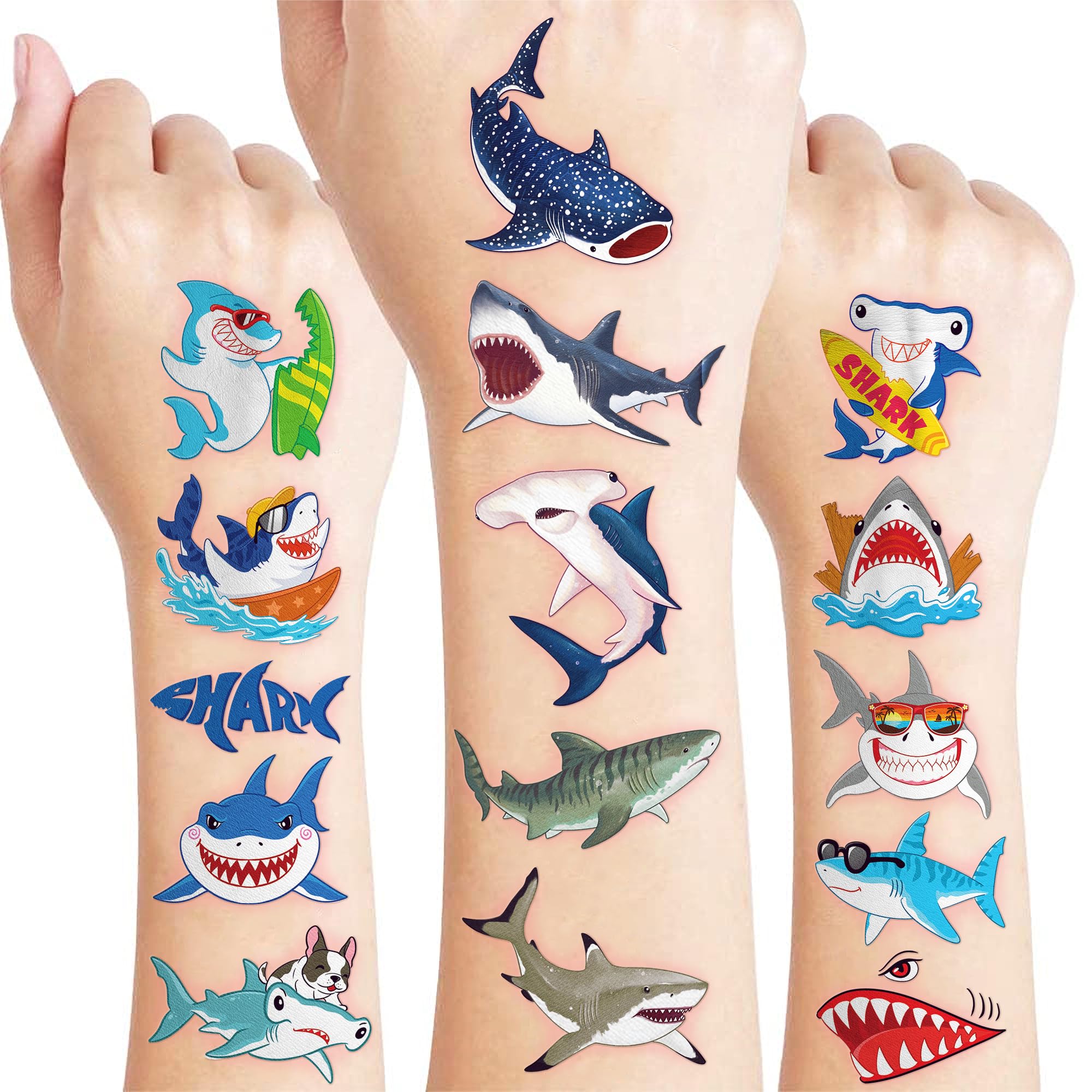 91TATTOOS 96 Tatuajes Temporales Precortados de Tiburón para Niños | Adorables Recuerdos, Decoraciones Y Artículos para Fiestas de Cumpleaños con Temática de Tiburón. Pegatinas de Tatuajes de Animales