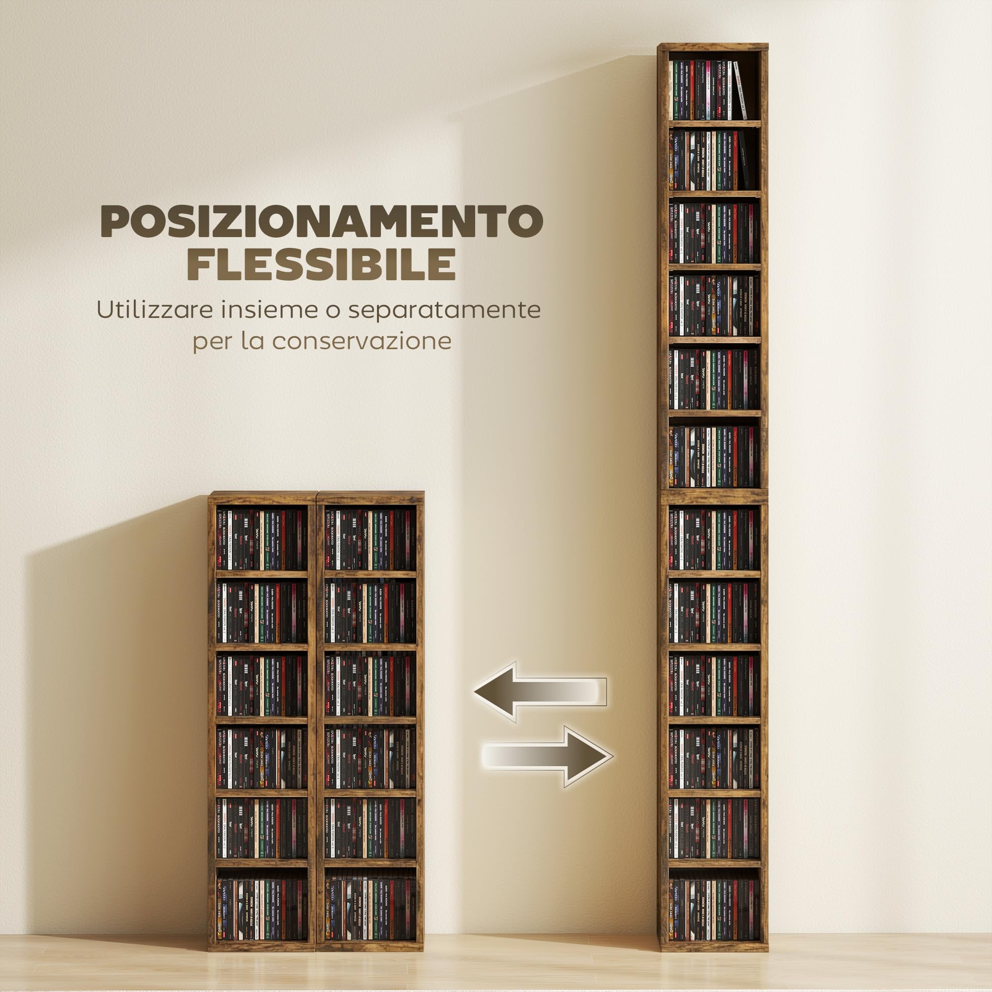 HOMCOM Scaffale Porta CD 2 Pezzi a 6 Ripiani, Scaffale Libreria in Legno per 204 CD ad Altezza Regolabile, 21x22.5x88.5 cm, Marrone Rustico