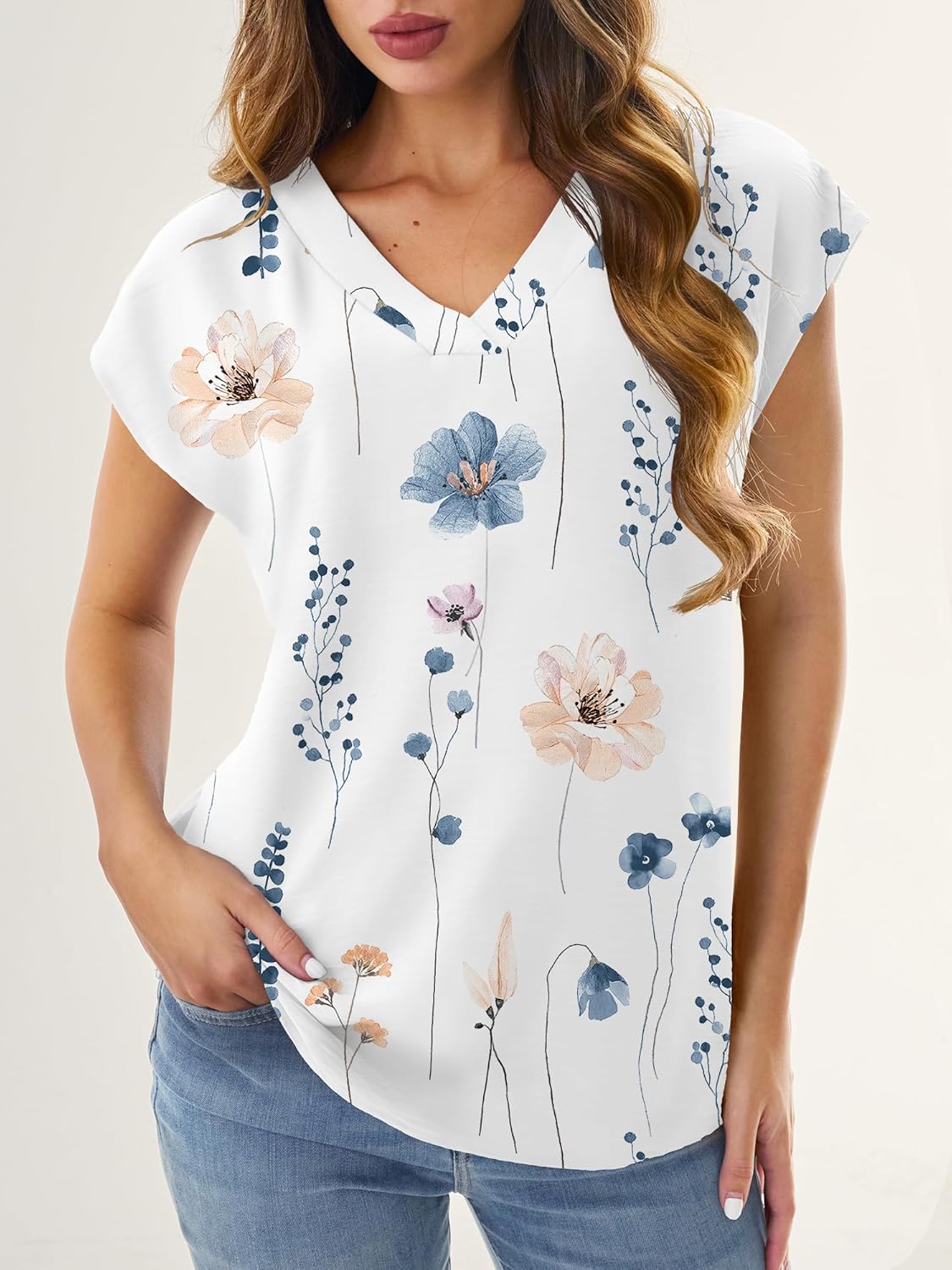 Women Tops Cap Sleeve Textured Dressy Casual V Neck Shirts 2025 Summer Business Work Blouses Outfits - Image 2