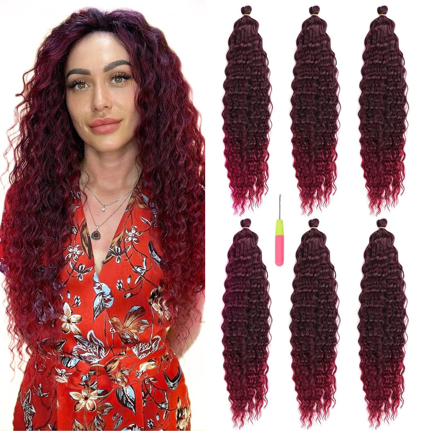 Burgundy Crochet hair Deep Wave Crochet Hair Extensions 22 inch 6Packs Ocean Wave Crochet for Black Women #1BTBurg