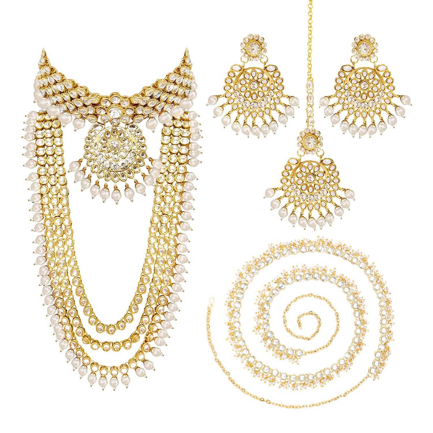 Peora Combo of Kundan Faux Bead Necklace Set with Pearl Waist Belt Kamar Bandh Gift for Women