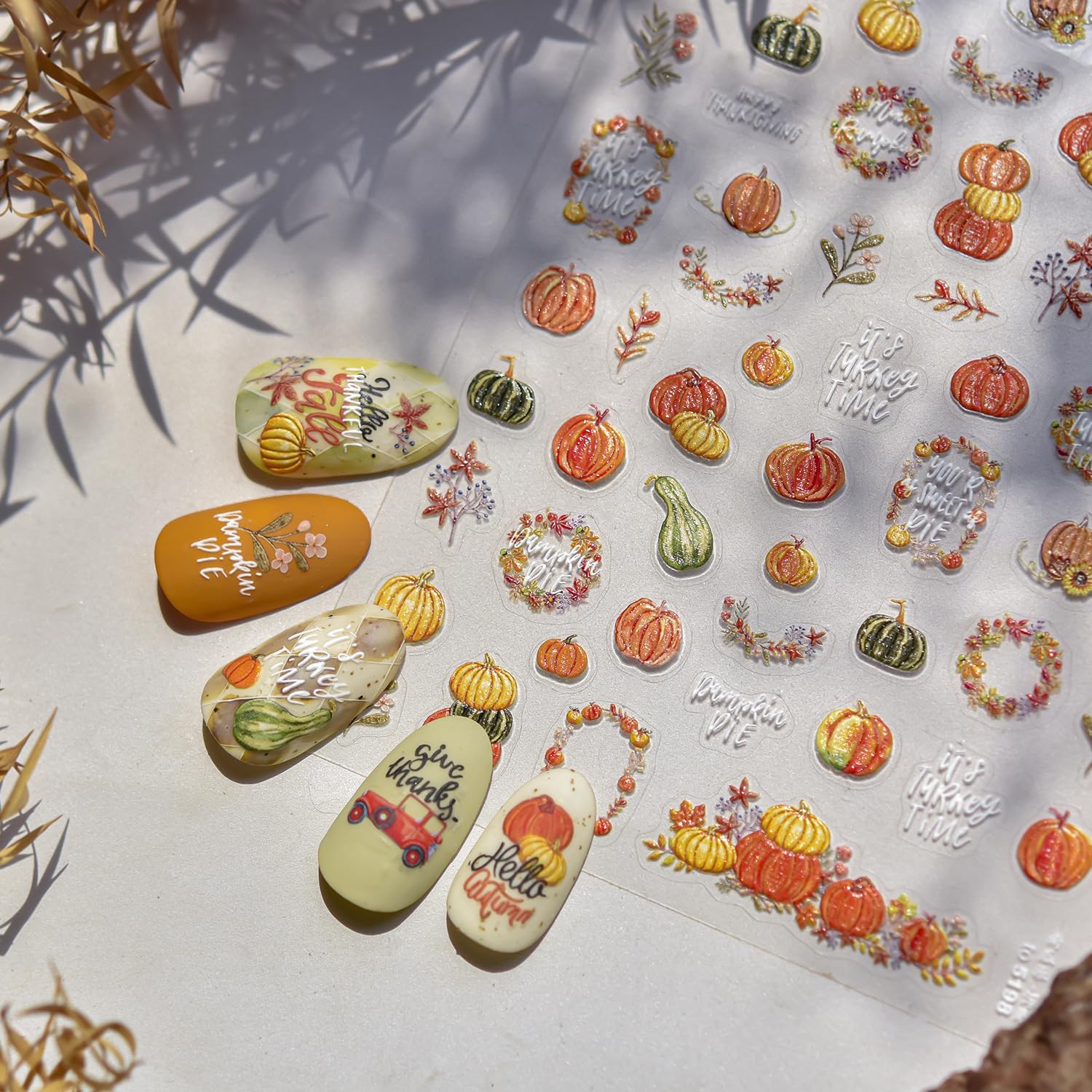 1 Sheets Embossed Pumpkin Nail Decals for Nail Art Thanksgiving Day Fall Nail Stickers 5D Self-Adhesive Autumn Leaf Nail Art Stickers Cute Pumpkins