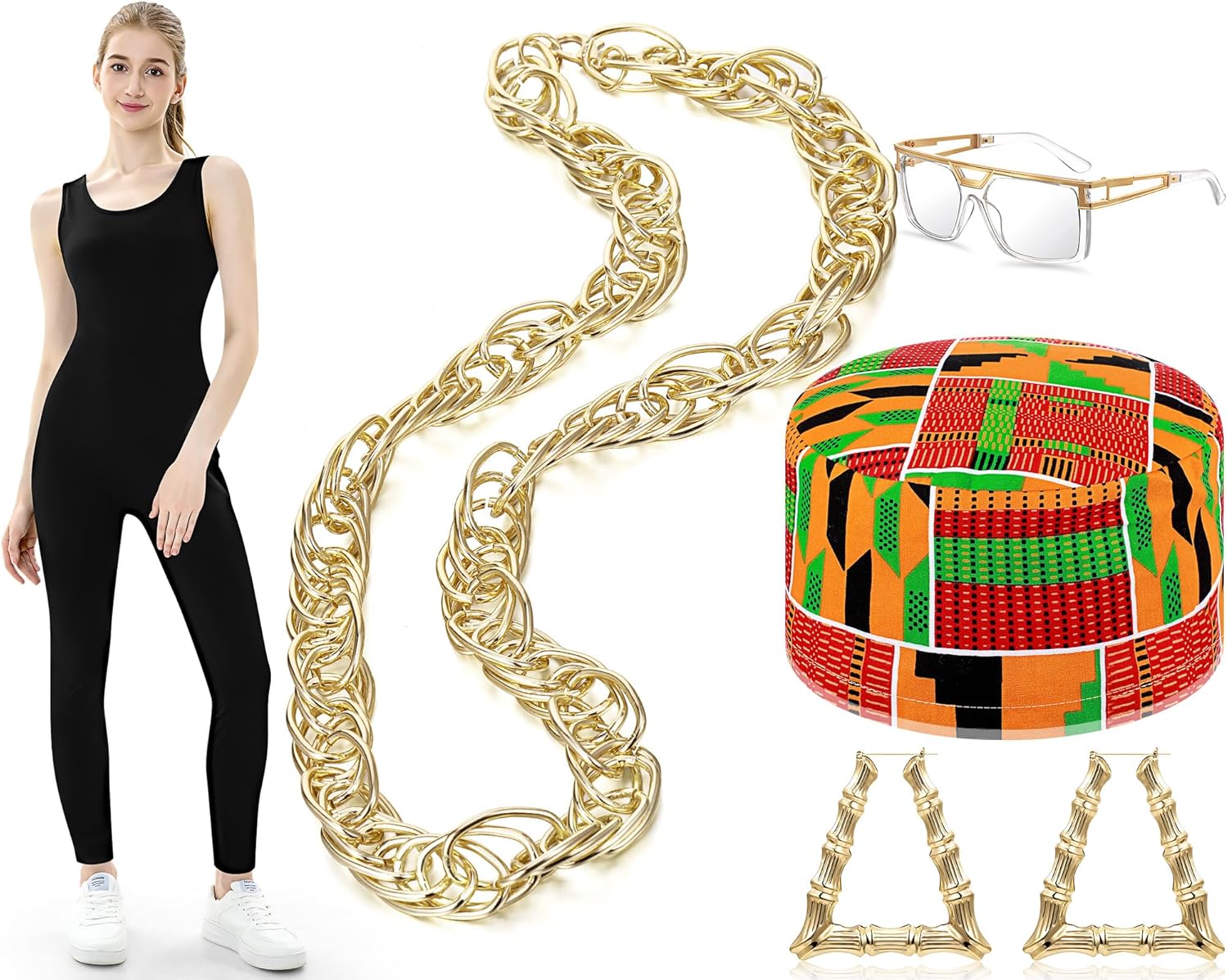 5 Pcs 80s 90s Hip Hop Costume Outfit Rapper Costume Accessories for Men Women Hat Sunglasses Chain Necklace Jumpsuits