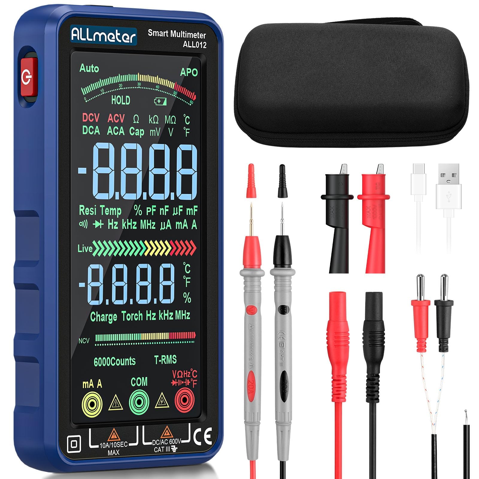 Smart Multimetro a 6000 Conteggi con TRMS, NCV e USB Ricaricabile | Tester Digitale Professionale con Schermo a Colori, Misura Tensione Corrente Capacità Resistenza per Elettricisti e Fai-da-Te
