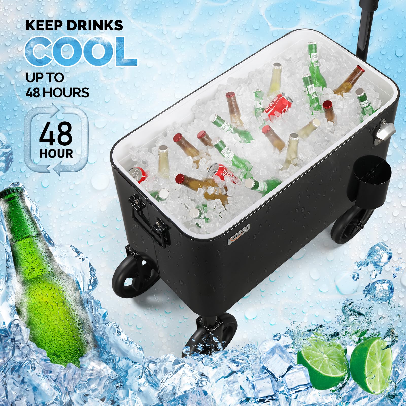 Bonnlo Carro Nevera 57 L con Ruedas Nevera Exterior para Patio, Enfriador con Abrebotellas, Ideal para Playa, Jardín y Parque, Negro