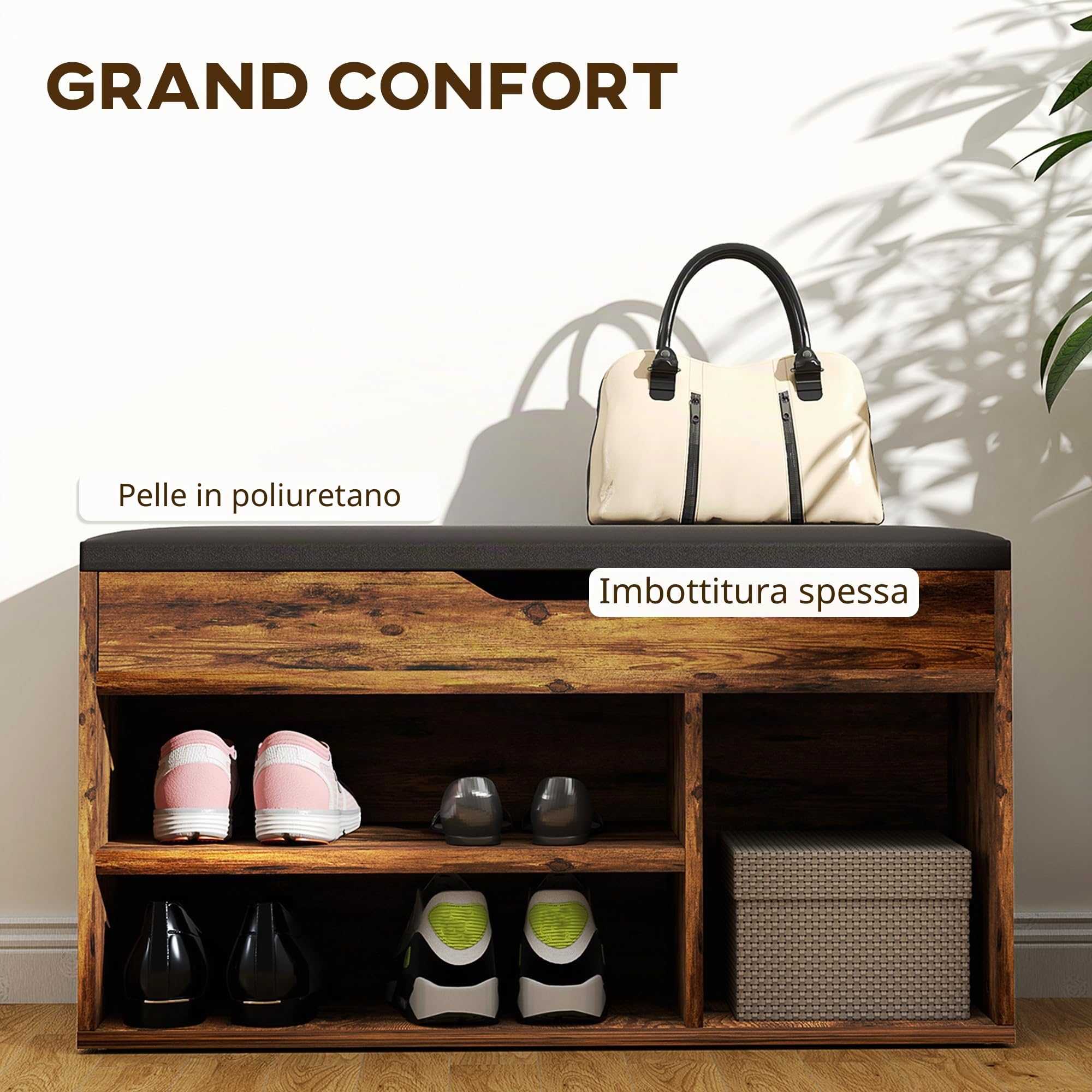 HOMCOM Scarpiera a 2 livelli, cassettiera integrata con cuscino effetto legno di mogano