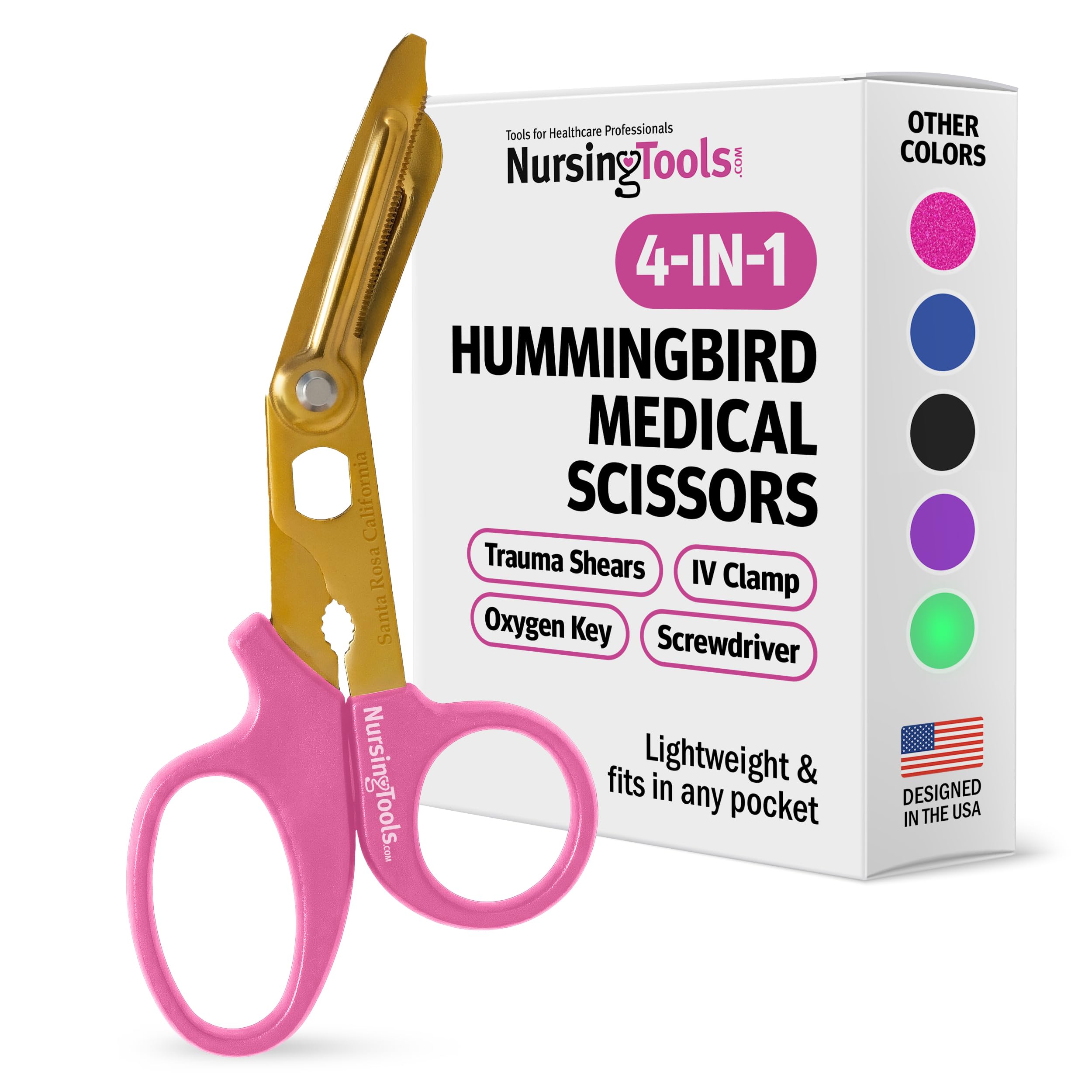 Hummingbird - Tijeras médicas 4 en 1, tijeras compactas de bolsillo para enfermeras, estudiantes, profesionales y médicos (rosa hibisco)