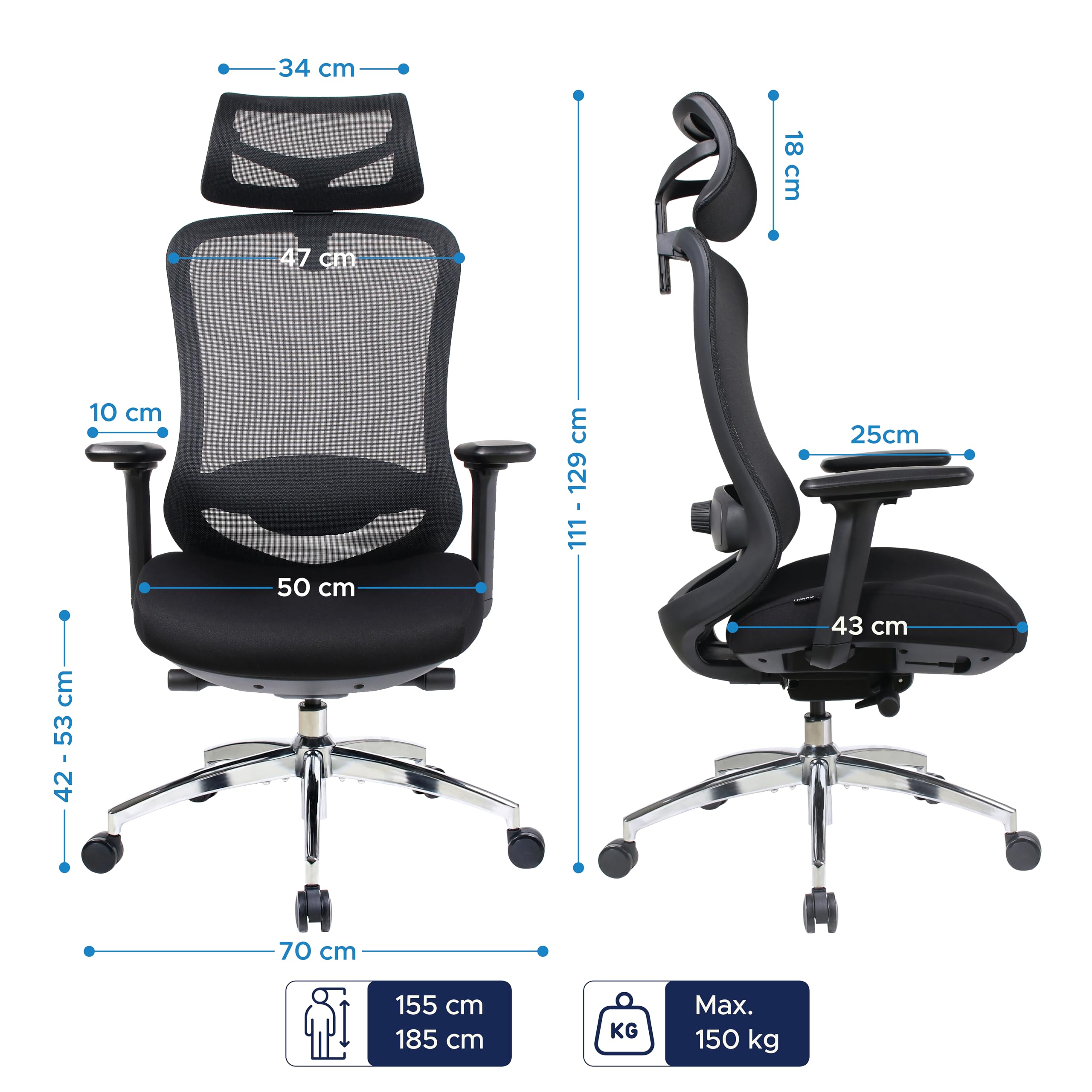 TITANO E5 | Ergonomischer Bürostuhl mit Neigungsfunktion, 4D-Armlehnen, Lendenwirbelstütze & Kopfstütze – Drehstuhl für Home Office & Büro | 150 kg Belastbar | Ergonomic Schreibtischstuhl
