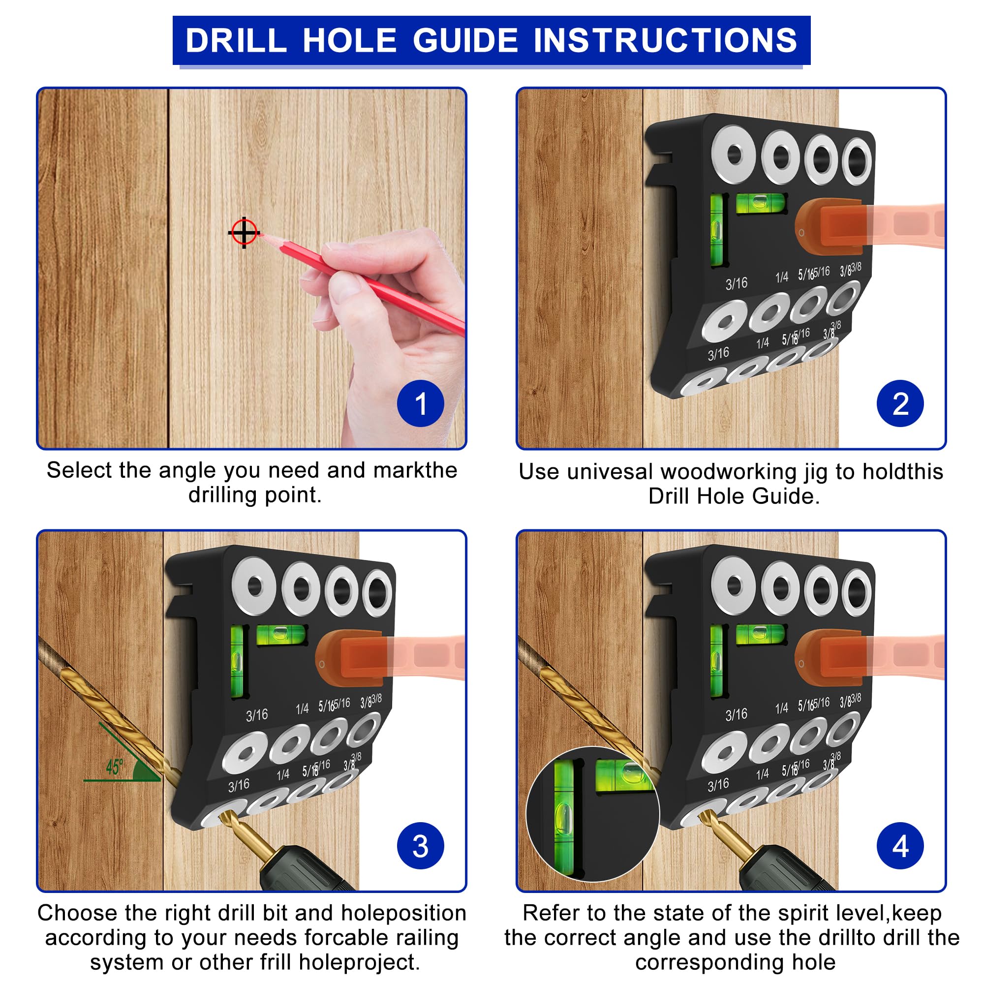Shackcom Gabarit de Perçage d'Angle 3 en 1 de 30°/45°/90° avec 2 Niveau à Bulle Guide de Perçage Aluminium Oblique et Droit avec 4 Tailles de Trous - Noir
