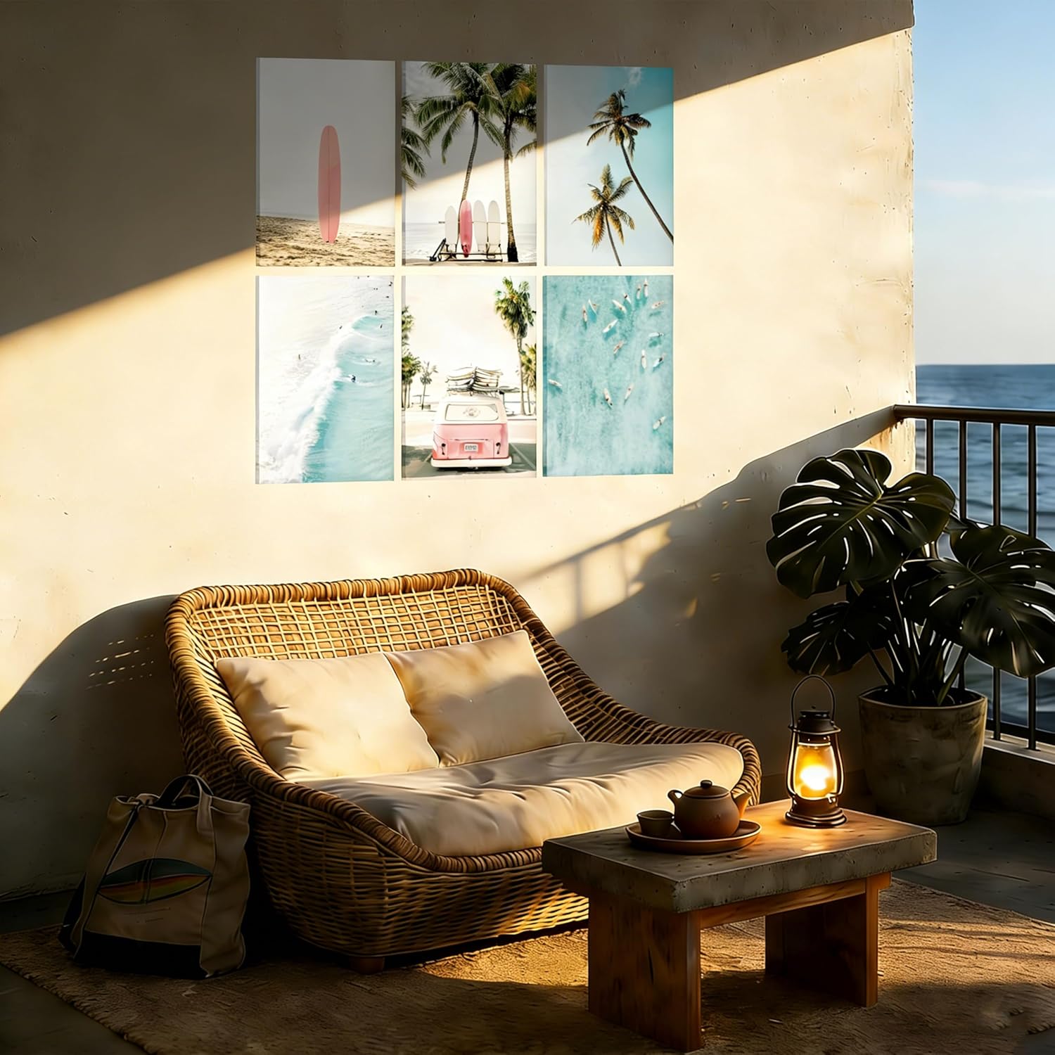 INADIKEIN 6Pcs Summer Beachy Wall Art, coastal Surfing Canvas Prints, Boho Tropical Palm Tree Poster, 12x16 Framed, for Girls Bedroom Dorm Apartment Home Decor