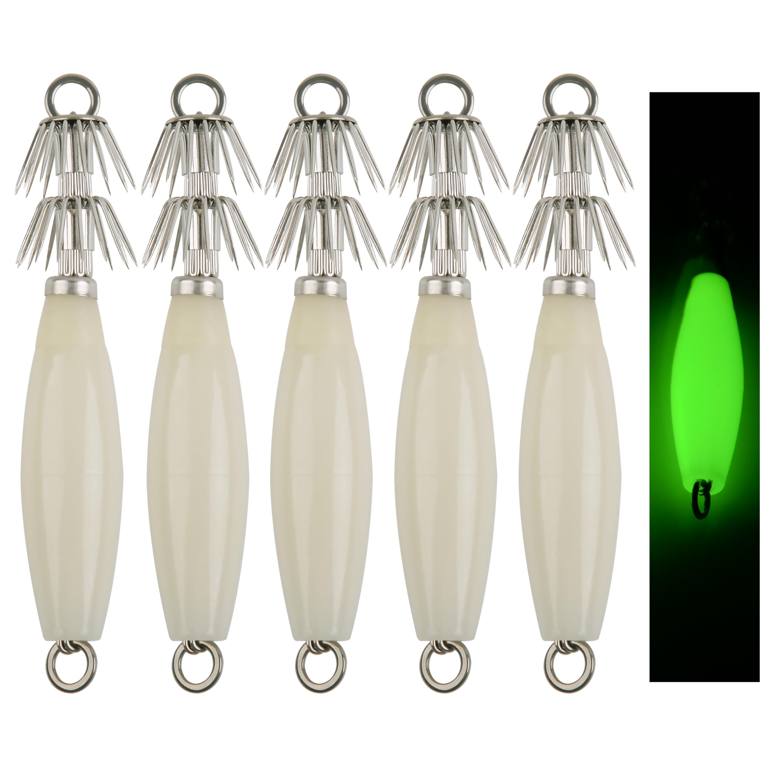 Luminous Squid Jig Hooks 5pcs/10pcs Fluorescent Cuttlefish Sleeve Jig Octopus Lures Shrimp Bait Squid Hook Hard Fishing Baits Set for Saltwater Night Fishing (5pcs)