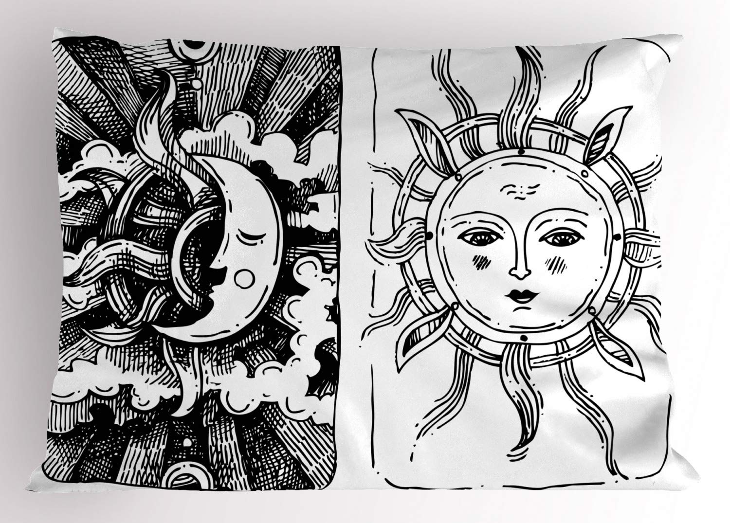 Lunarable Sun and Moon Pillow Sham, Celestial Characters with Anthropomorphic Faces Mystical Sketch, Decorative Standard Size Printed Pillowcase, 26