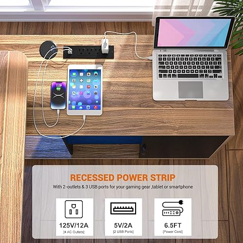 Miniatura 15 de Escritorio en forma de L con archivador y toma de corriente, escritorios de esquina grandes de 55 pulgadas con tira de luz LED, escritorio para