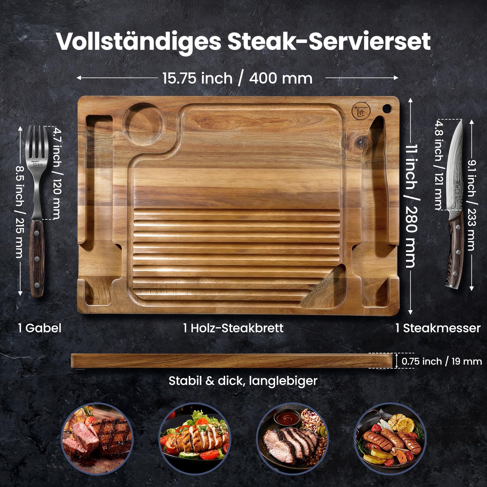 SYOKAMI Holz-Steakbrett-Set mit 1 glatten Steakmesser und 1 Gabel