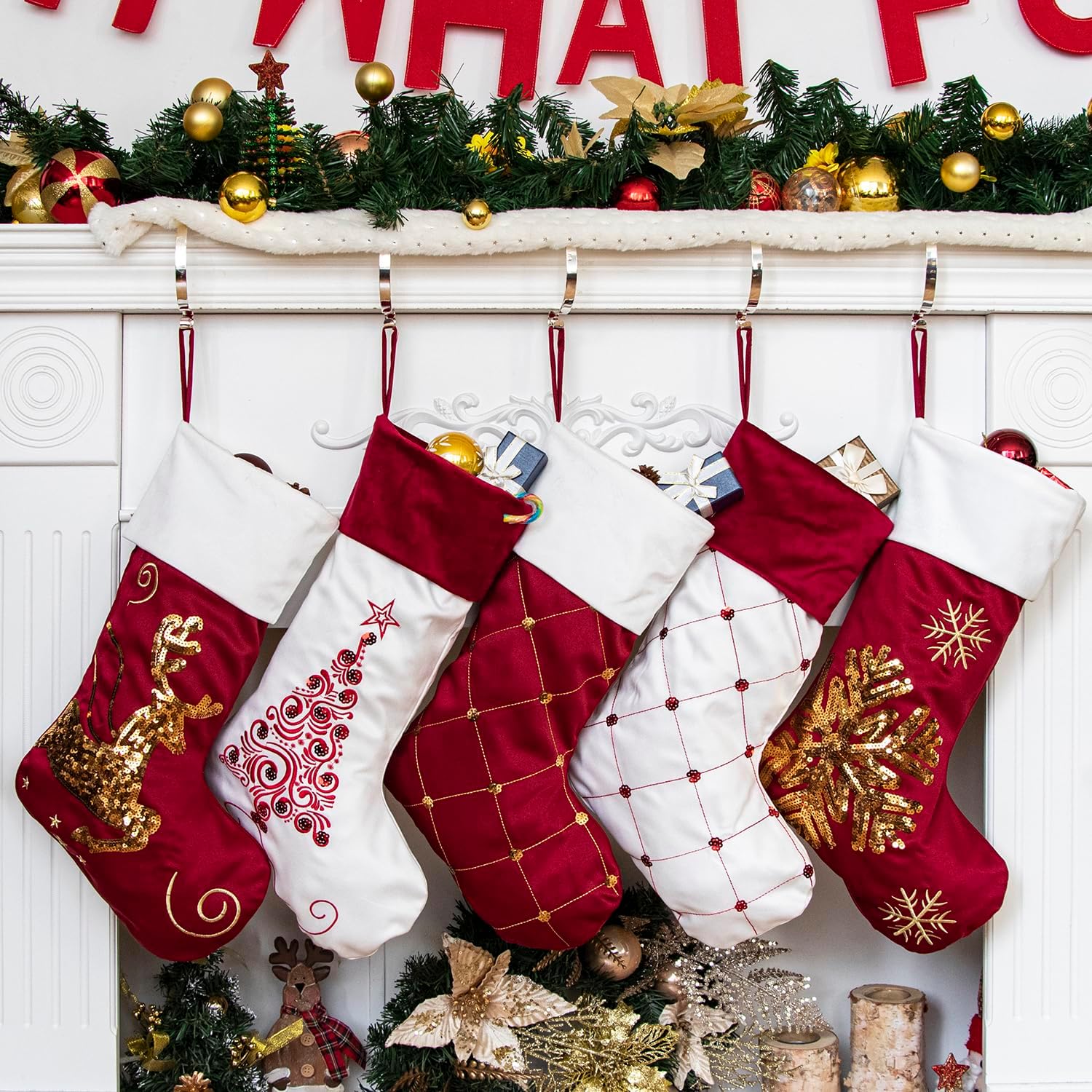 GEX Family Christmas Stockings Set of 5 New Embroidery Sequins 20" Large Decor Red White Gold Hanging Ornament Fireplace Xmas Tree Holiday Party Decoration (5 Packs)