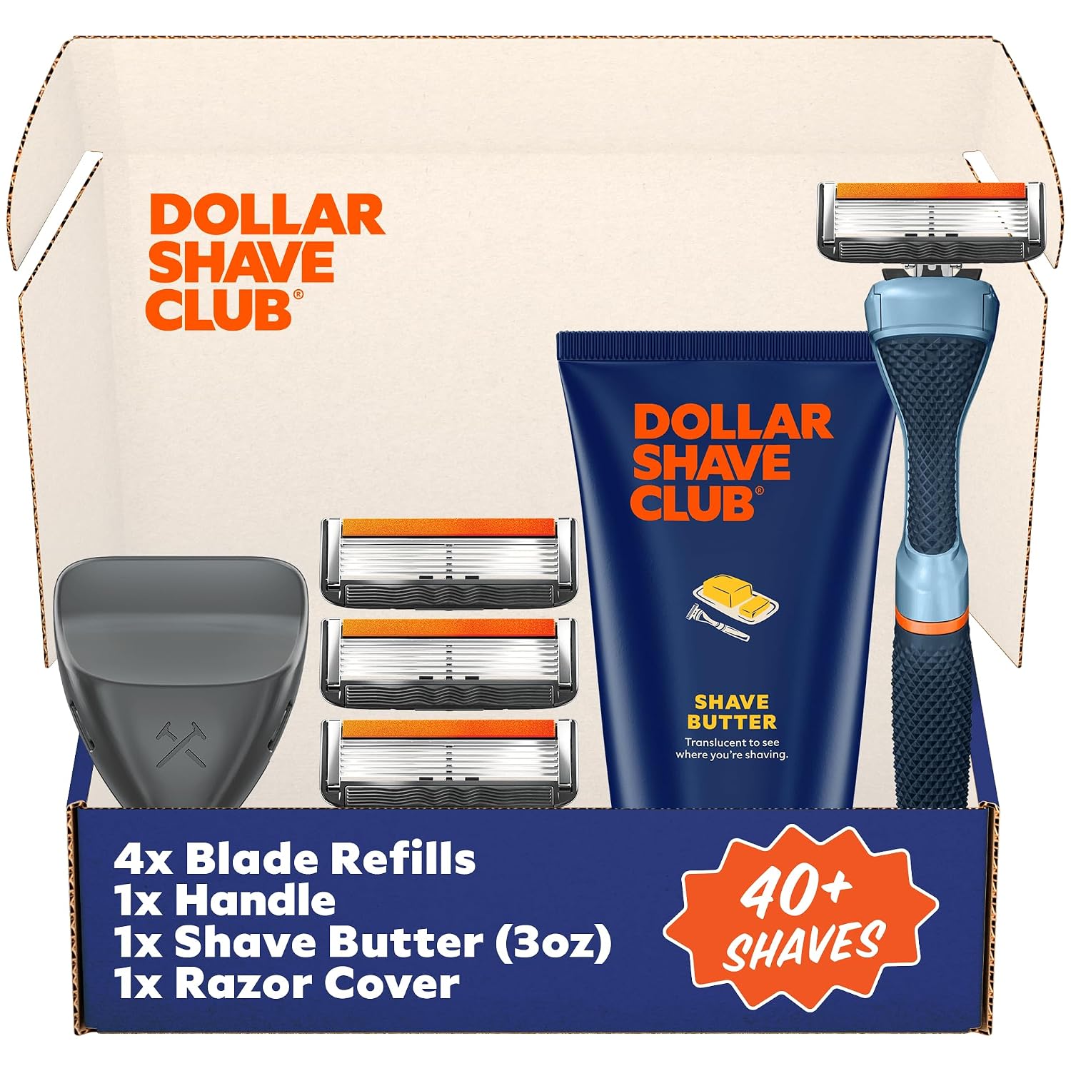 Dollar Shave Club | Member Exclusive Shave Set (Blue) | 6 Blade Razor Kit | Razors for Men, Starter Set with Handle Shave Butter Razor Cover and 4 Razor Replacements, Intro Shave Set, Blue Handle