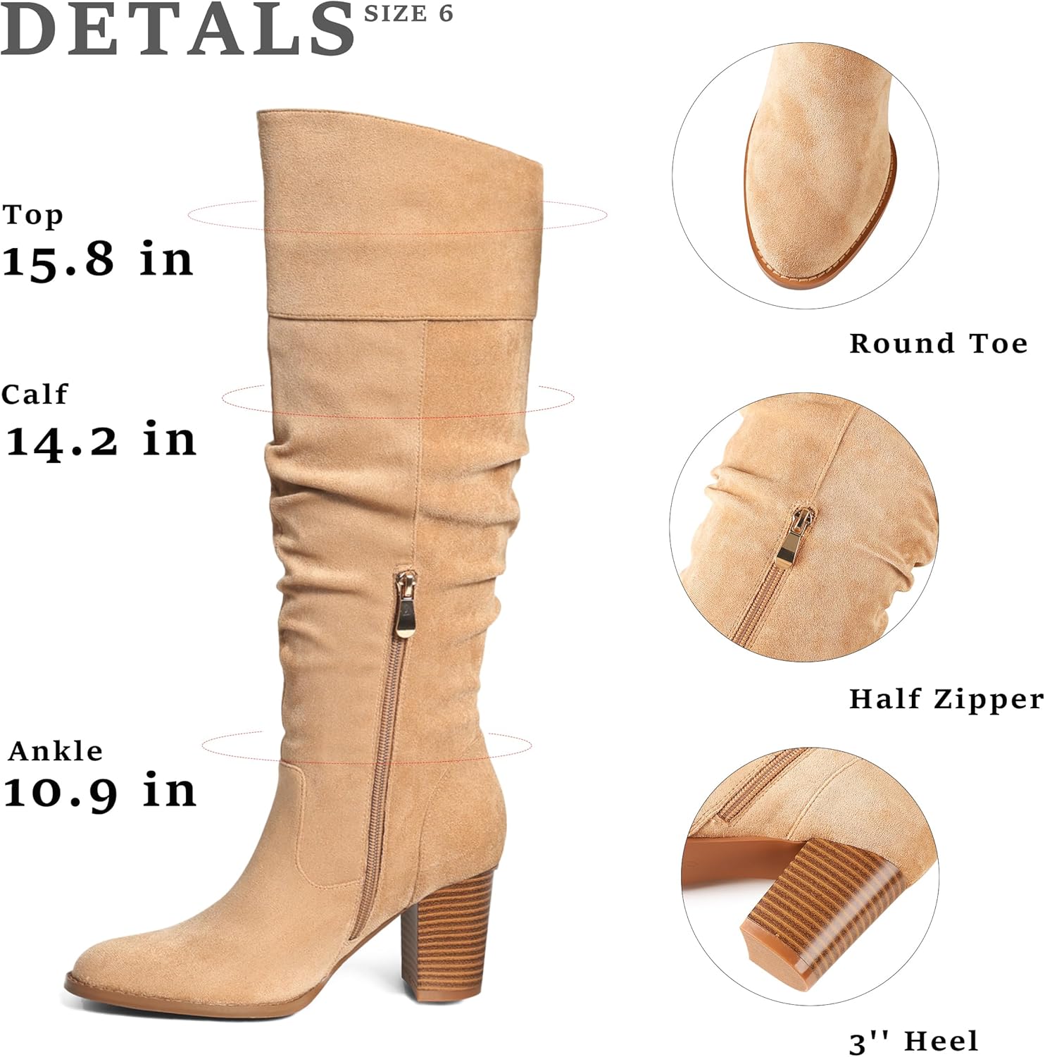 MeiLuSi Women's Slouchy Knee High Boots Suede Fall Boots Round Toe Chunky Heel Boots Warm Winter Boots Wide Calf Boots Outdoor Side Zipper - Image 5