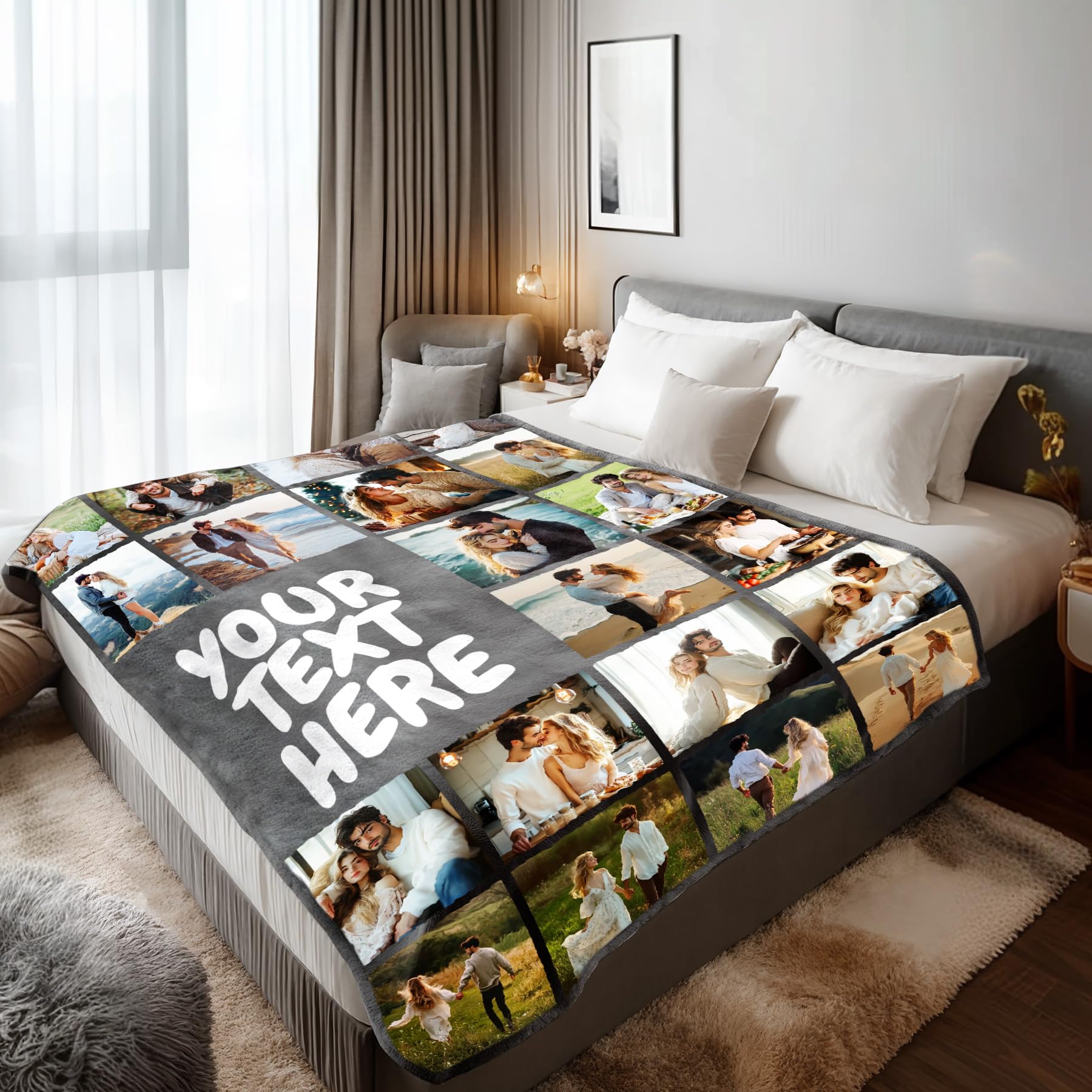 Plaid Personnalisé Photo 150x200cm, Couverture Personnalisée avec 20 Photos et Texte pour Adulte, Cadeau Personnalisée Papa Maman Homme Femme