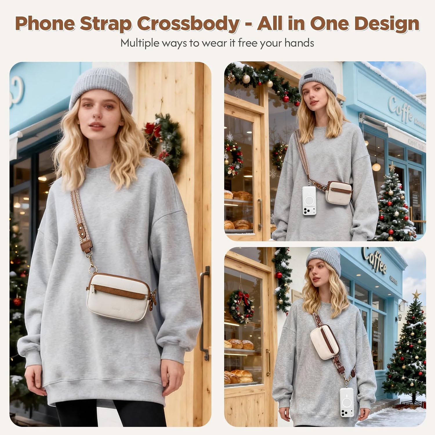 Tiostep Clip and Go Strap for Phone with Wallet Crossbody Phone Lanyard Adjustable and Anti-Theft Leather Purse with RFID Zipper Pouch for Travel Daily Life. Medium White-Brown