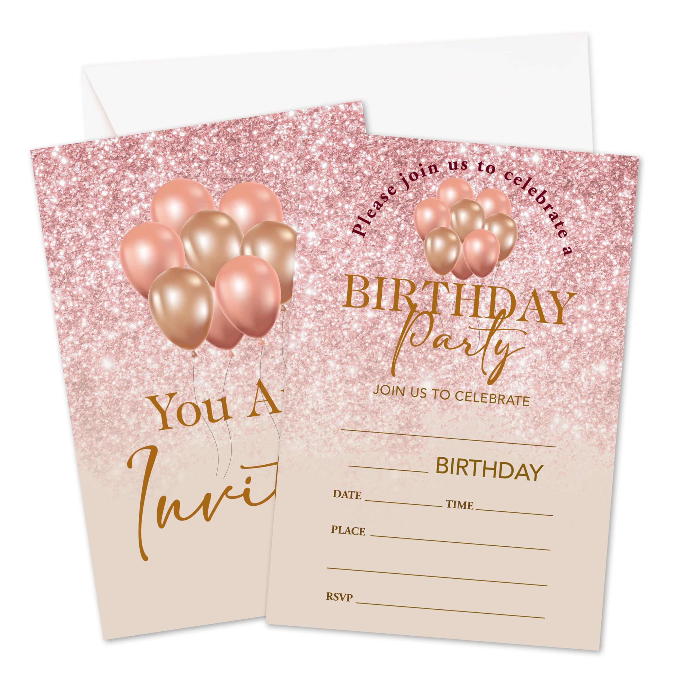 RYSMH Pink Glitter Birthday Invitations, Sparkle Balloon Invites Cards For Girls, Birthday Party Celebration Favors Supplies, 20Pcs Pink Party Fill In