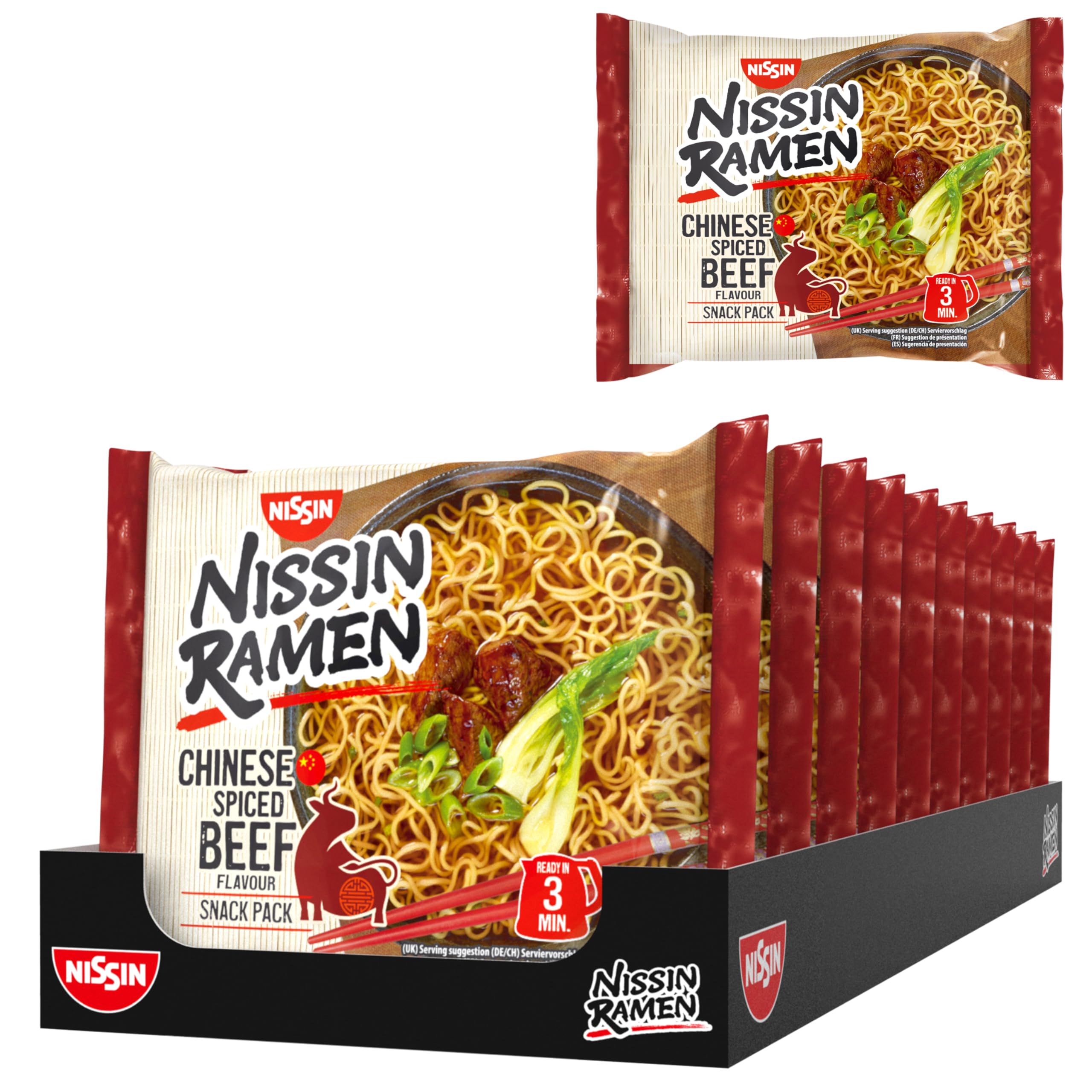 Nissin Ramen - Chinese Spiced Beef, 10er Pack, Instant-Nudeln asiatischer Art, nach chinesischen Rezeptur, schnell & einfach zubereitet, asiatisches Essen (10 x 66,8 g)