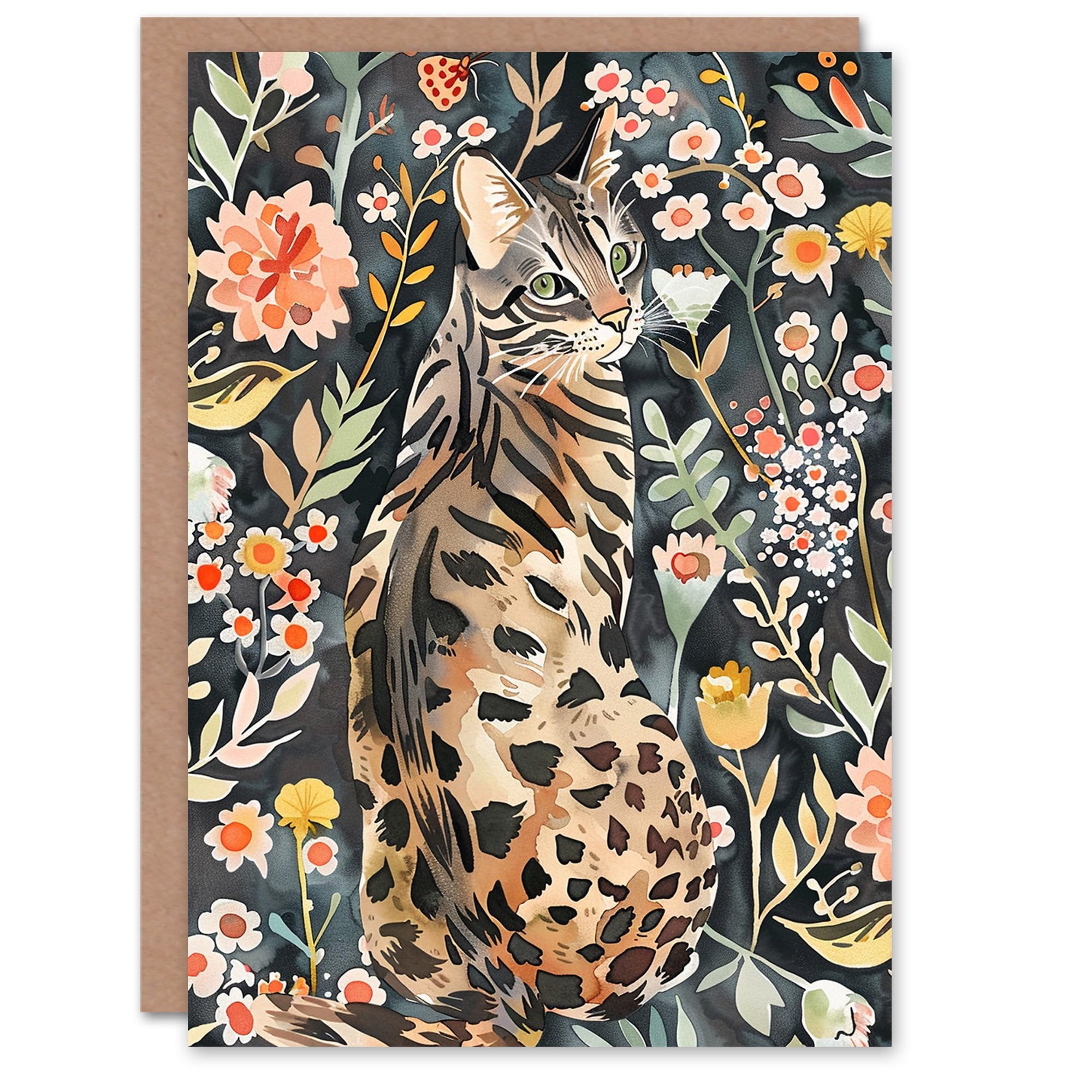 Bengal Cat Lover Flower Meadow Dark Watercolour Birthday Card
